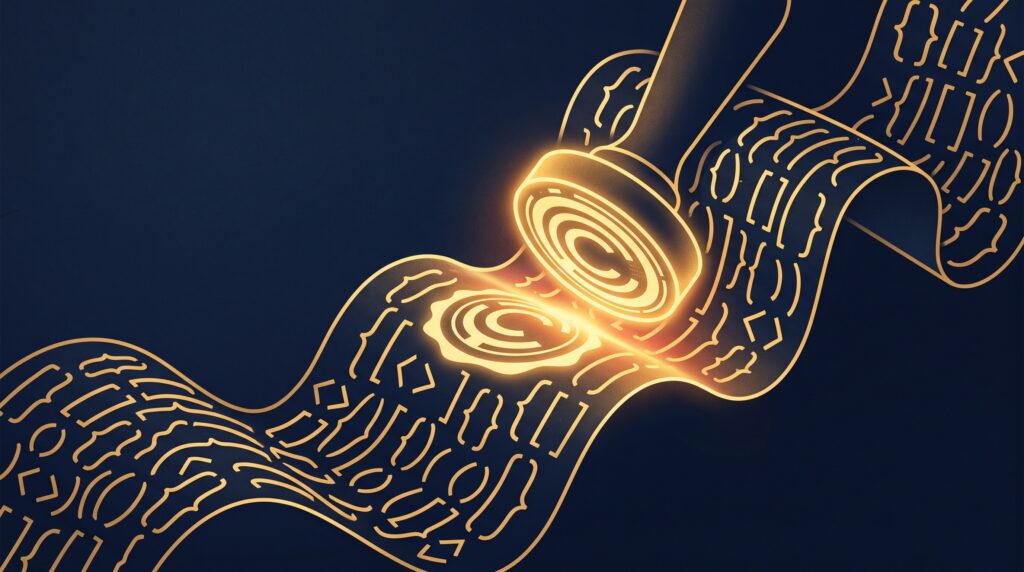 A glowing gold copyright seal stamped onto a scroll of gold code brackets, on navy, symbolizing code receiving automatic copyright the moment it is written