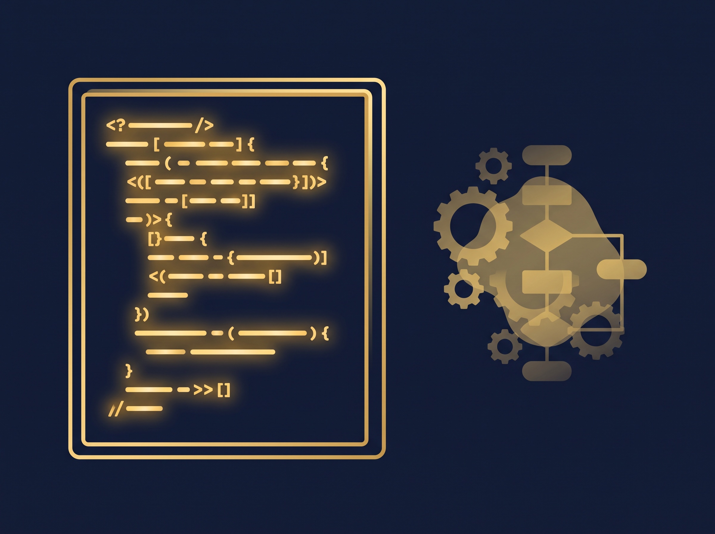 A framed solid gold block of code lines beside an unframed translucent gold gear-and-flowchart, on navy, symbolizing that copyright protects written code but not the underlying idea or algorithm
