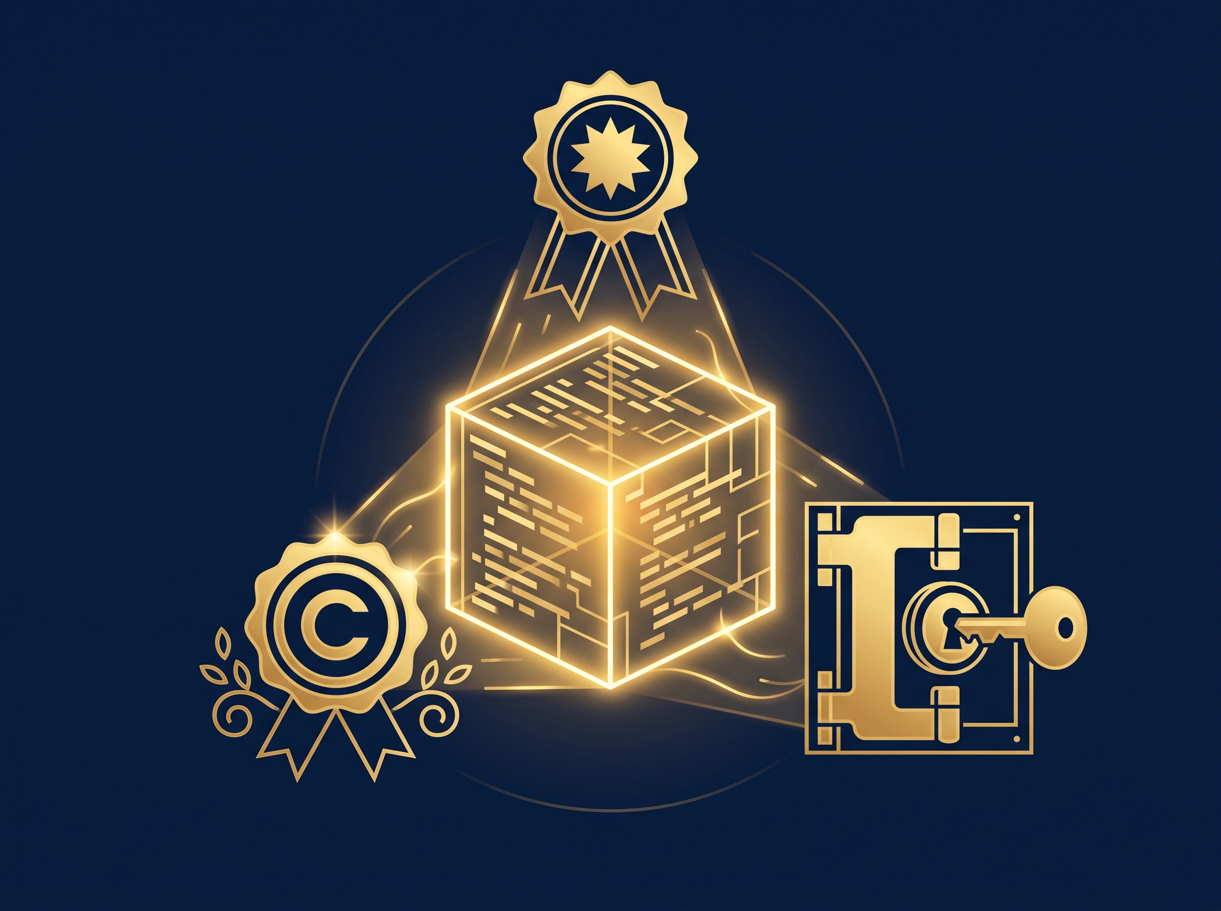 A central gold code cube guarded by a copyright seal, a patent medal, and a locked vault door, on navy, symbolizing copyright, patent, and trade-secret protection for software
