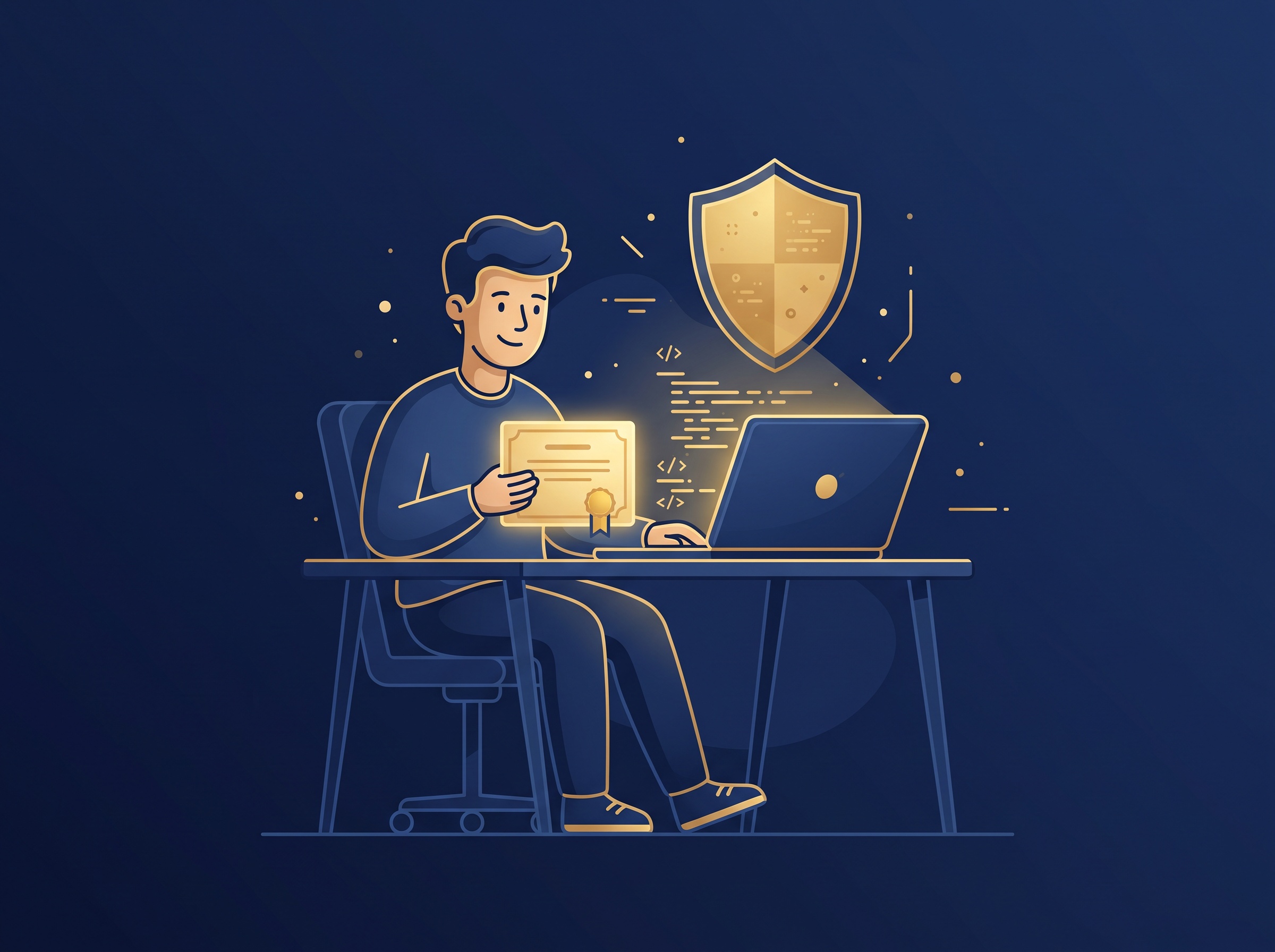A gold solo developer at a desk holding a registration certificate with a shield over their laptop of code, on navy, symbolizing an indie developer registering and protecting their software copyright