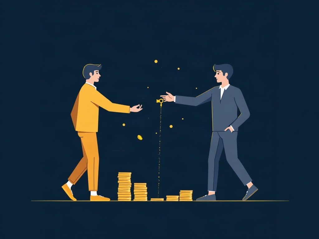 One gold figure handing out a key while coins flow back and split toward a second figure, on navy, symbolizing a co-owner licensing the work but owing an accounting of profits