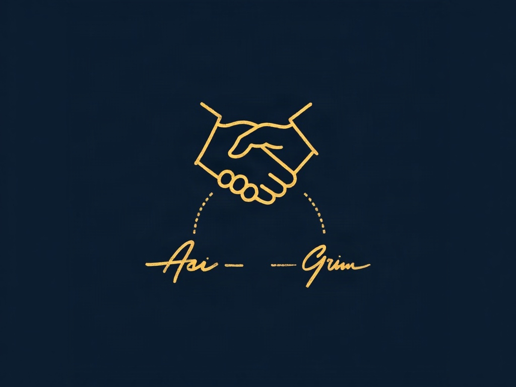 A gold collaboration document with two signature lines linking two figures on navy, symbolizing a collaboration agreement signed before the work begins
