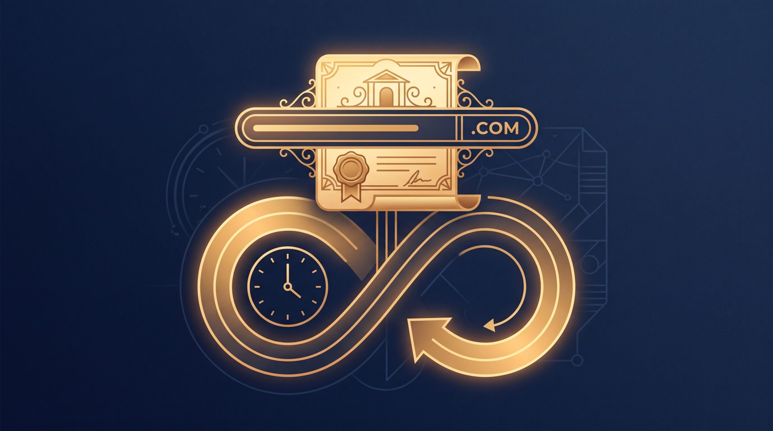 A gold address bar shaped like a deed resting on a renewal loop, on navy, symbolizing a domain as a renewable registration rather than owned property