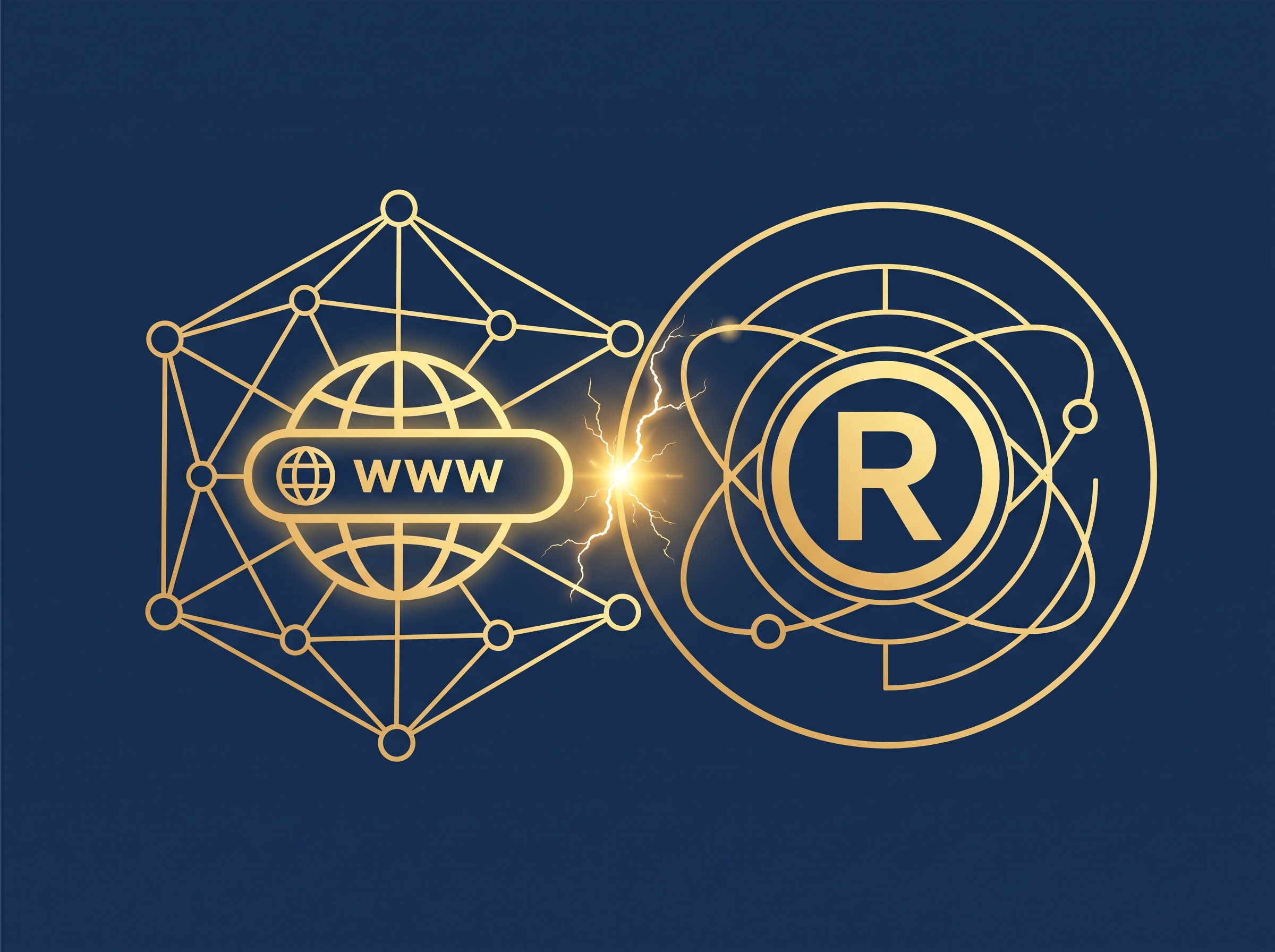 A gold domain address-bar icon and a gold trademark emblem meeting at a spark, on navy, symbolizing two separate systems that collide