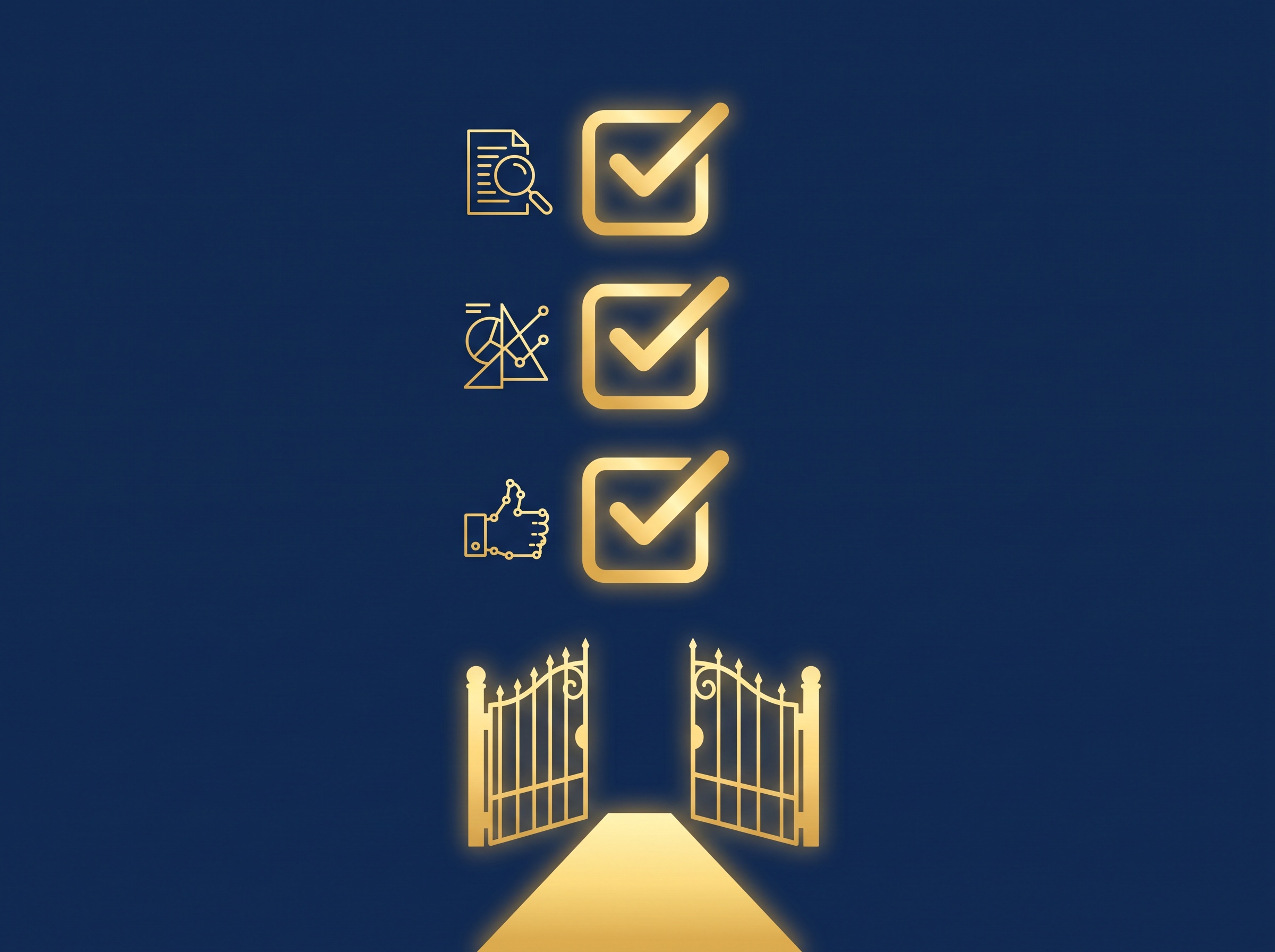 Three gold checkboxes aligning to open a gate below, on navy, symbolizing a three-part test that must all be satisfied