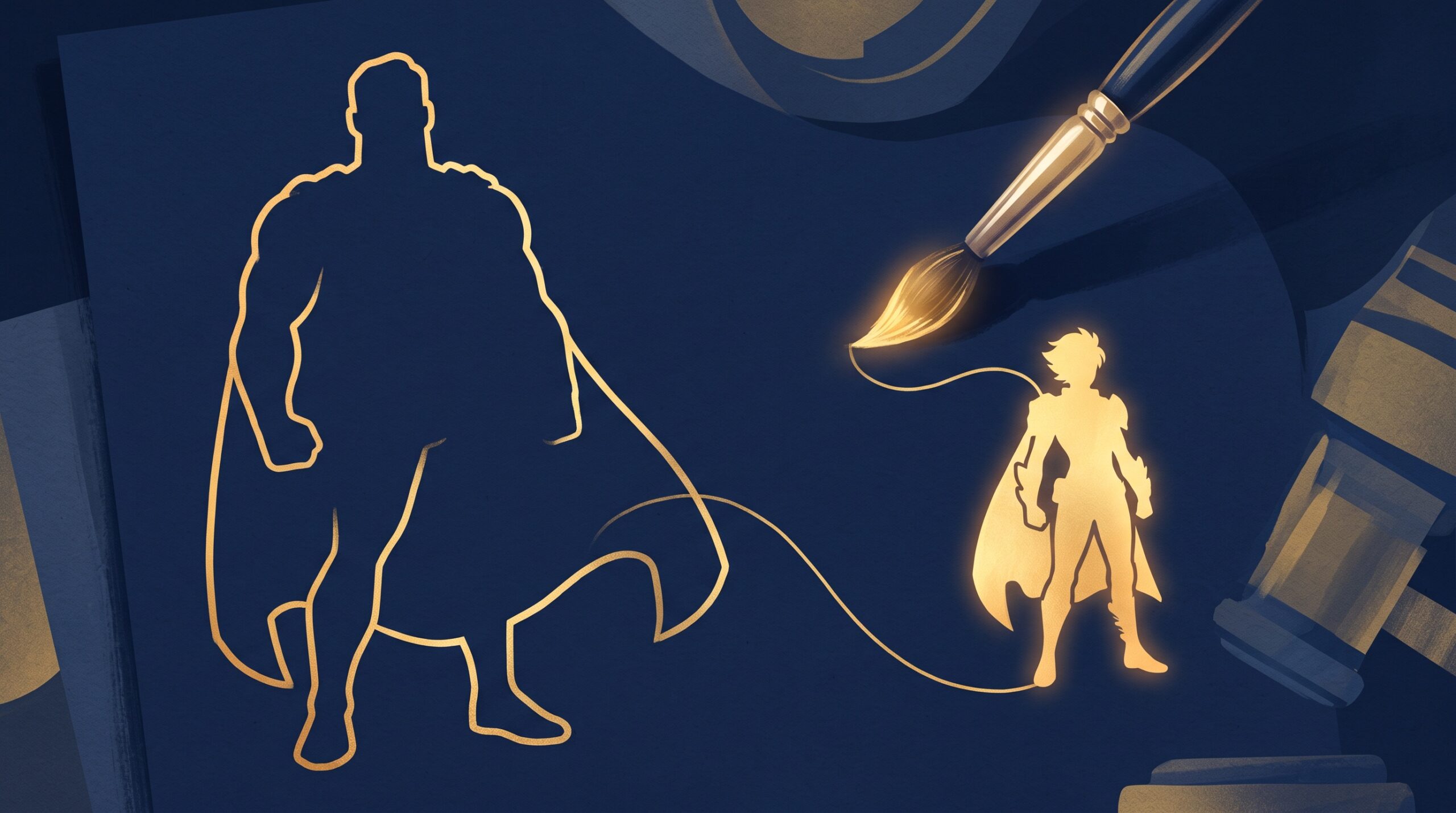 A gold paintbrush drawing a new figure that branches off an existing character outline, still tethered by a thread, on navy, symbolizing fan art as a derivative of a protected character