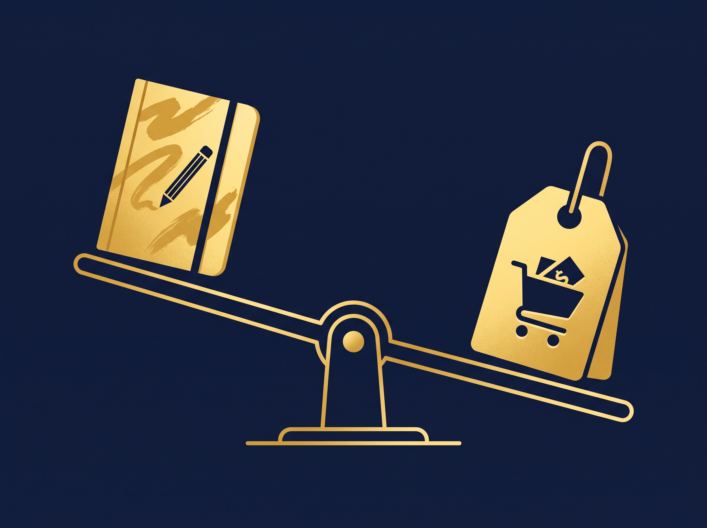 A gold bar with a sketchbook on one end and a price tag with a cart on the other tipping it down, on navy, symbolizing how charging money raises fan-art risk
