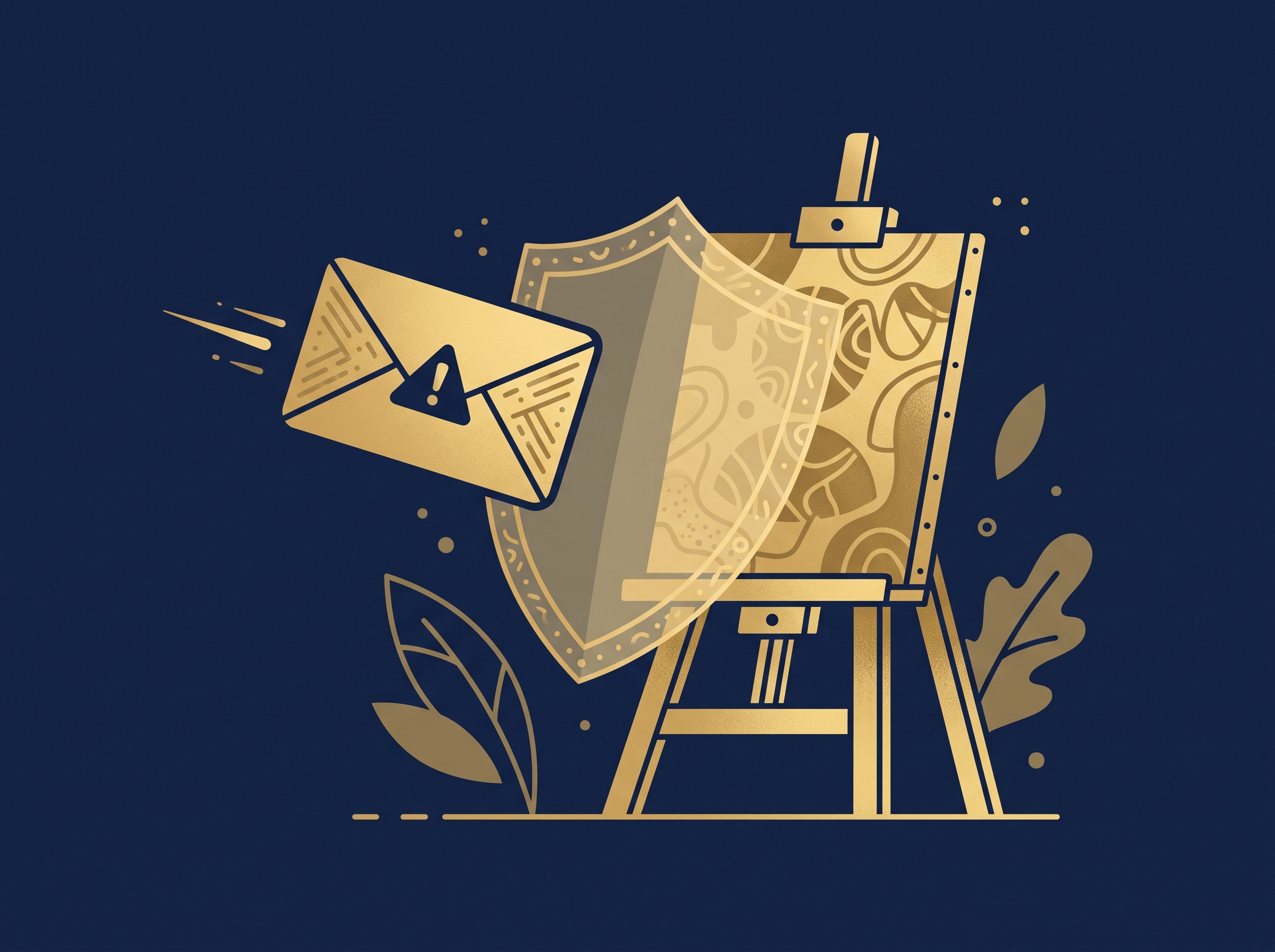 A gold envelope with a warning icon arriving at an artist's easel with a partly raised shield, on navy, symbolizing a fan creator receiving a takedown or cease-and-desist