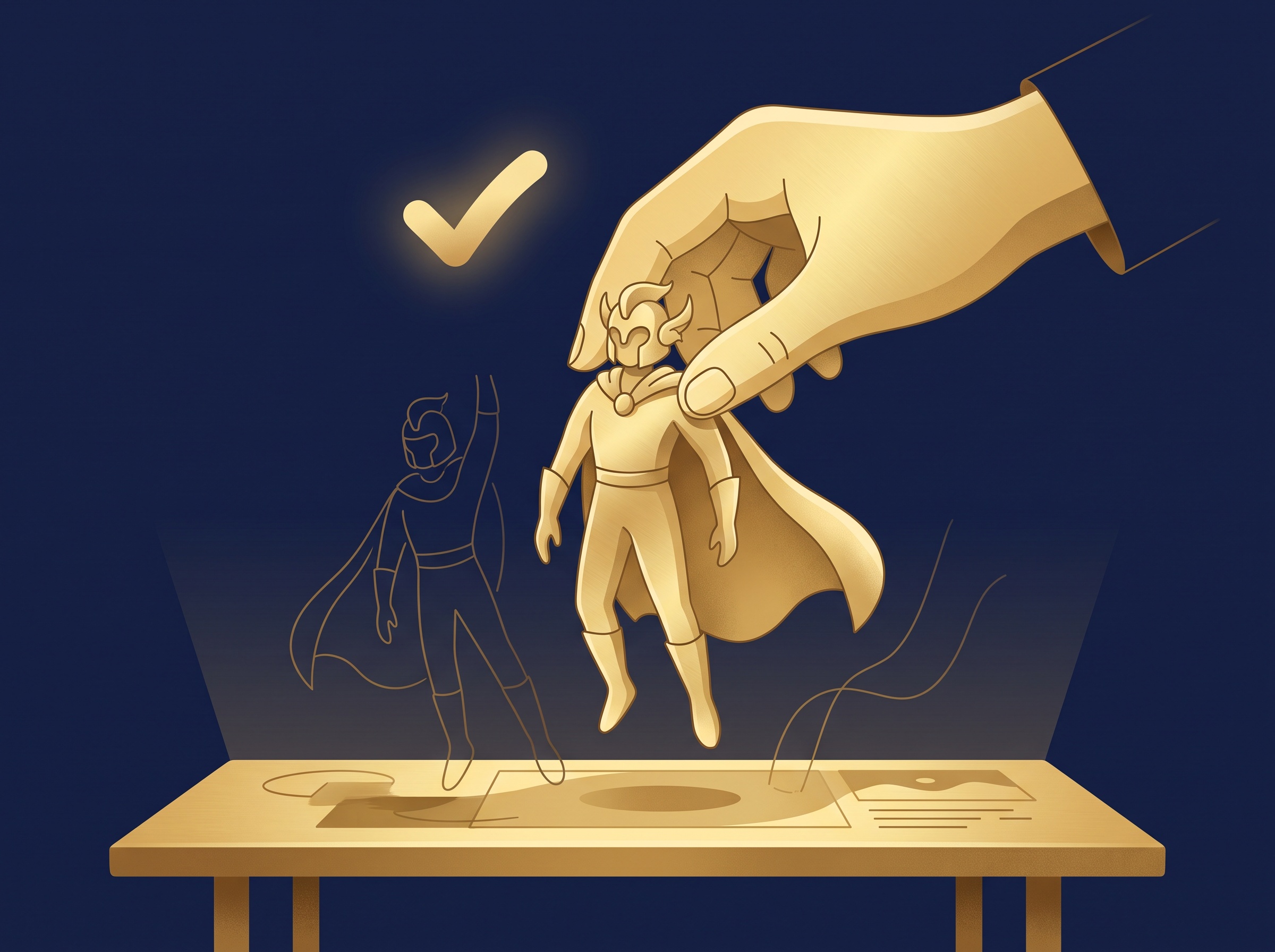 A gold hand lifting a fully original character figure that stands on its own with a checkmark above, on navy, symbolizing owning original characters and worlds