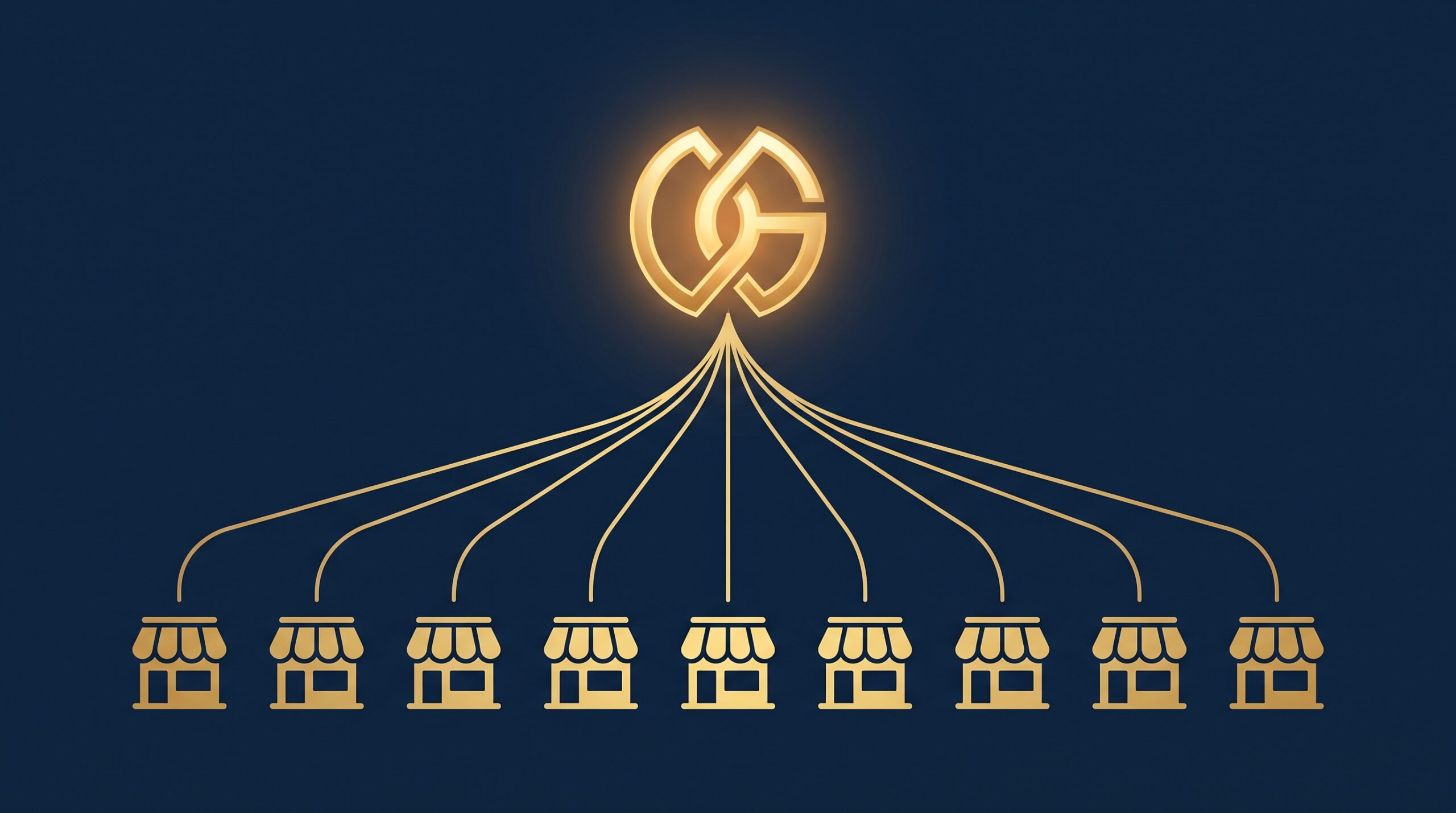 A single gold brand emblem connected by gold lines to a row of identical gold storefronts on navy, symbolizing one brand system replicated across many locations
