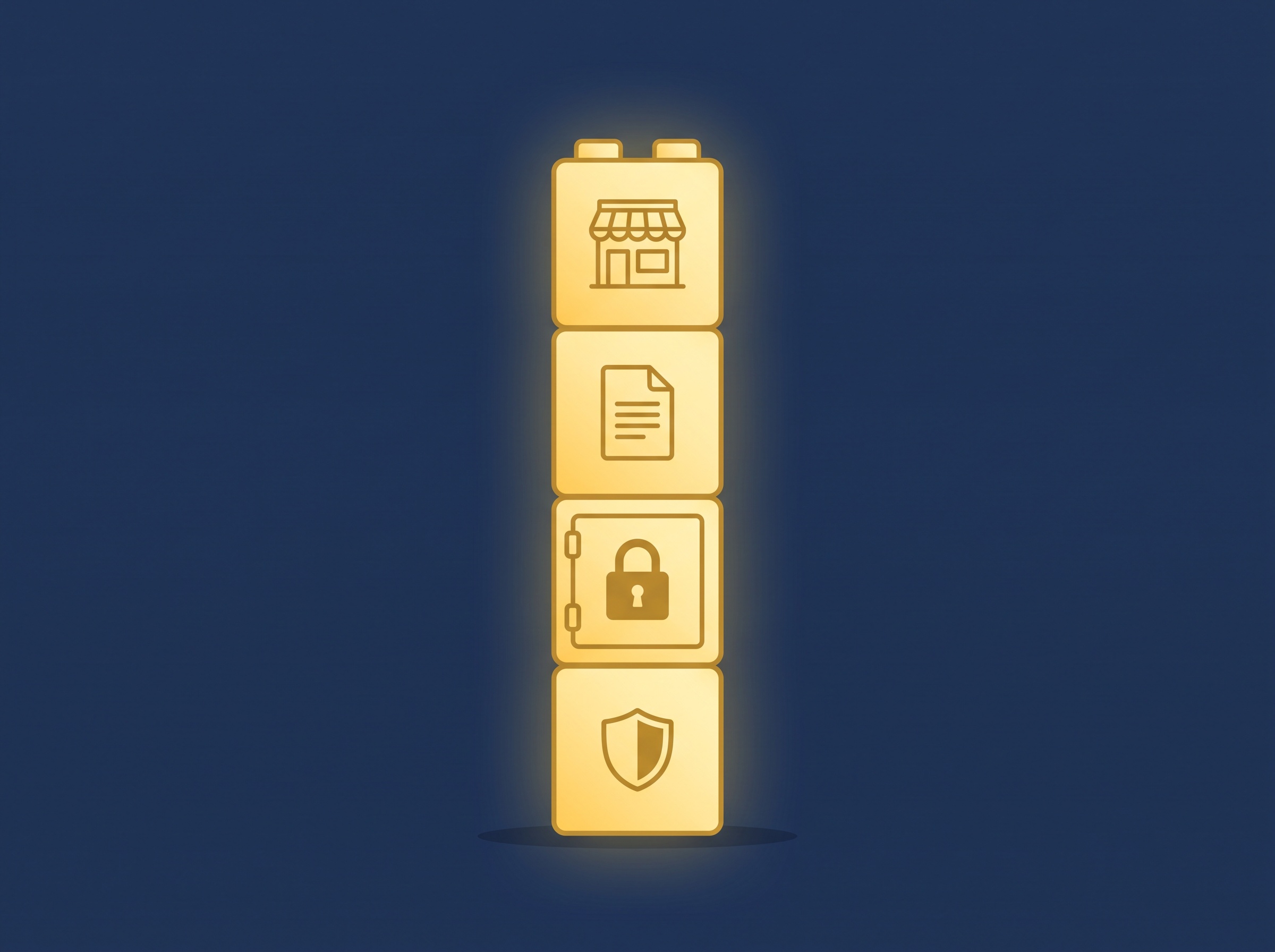 Four gold blocks marked with a shield, a padlock vault, a document, and a storefront outline stacking into a single gold pillar on navy, symbolizing the four IP pieces behind a franchise