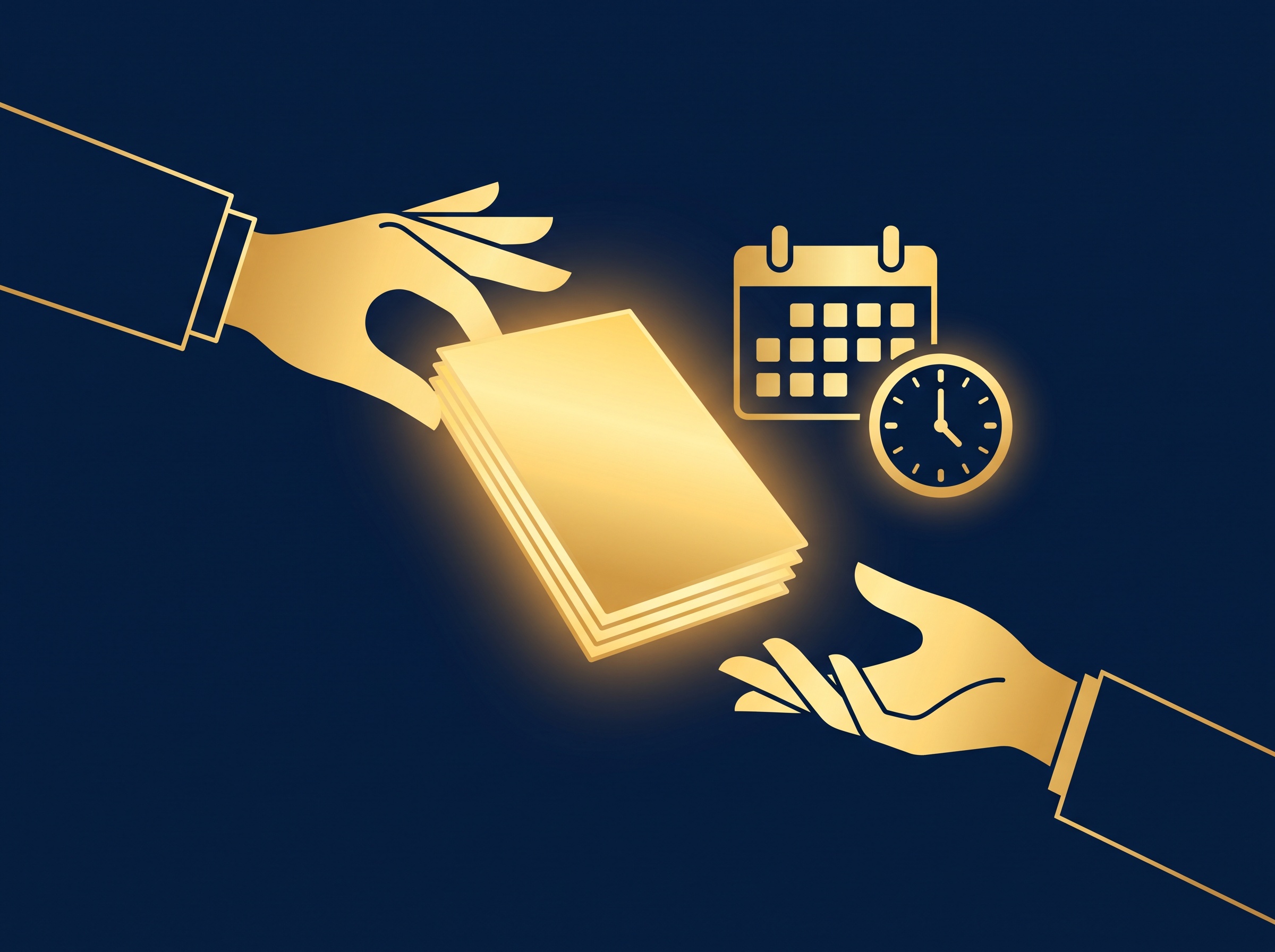 A gold multi-page document passing between two hands beside a gold calendar and clock on navy, symbolizing a franchise disclosure document delivered before signing