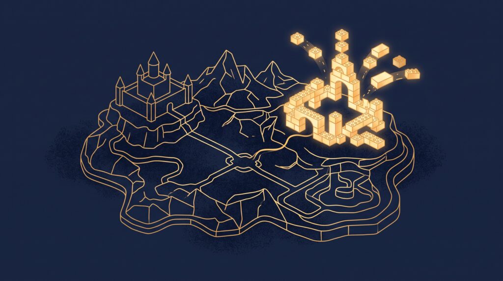 Gold building blocks forming a new structure on top of a larger existing game-world outline, tethered by a thread, on navy, symbolizing a mod built on a base game