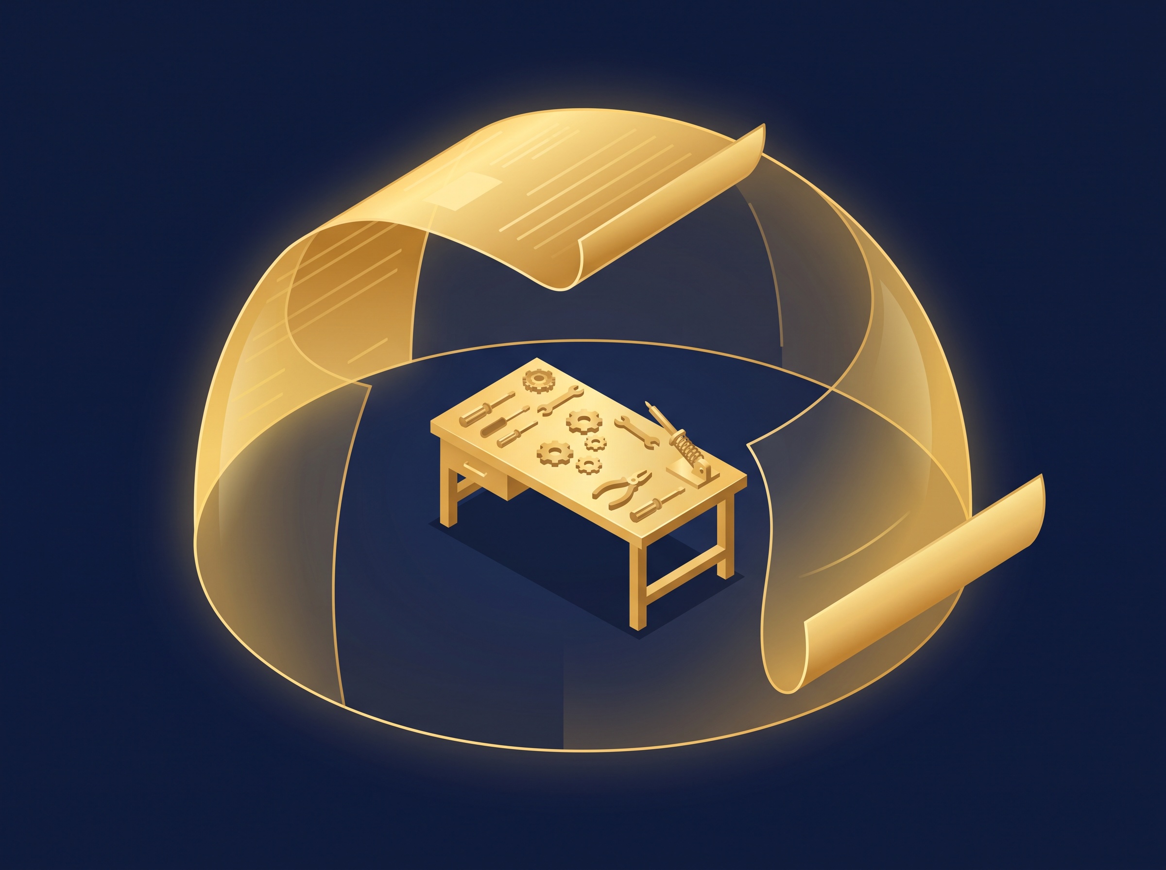 A translucent gold document-shaped dome enclosing a small workbench with tools, on navy, symbolizing the game license agreement as the boundary modders work inside