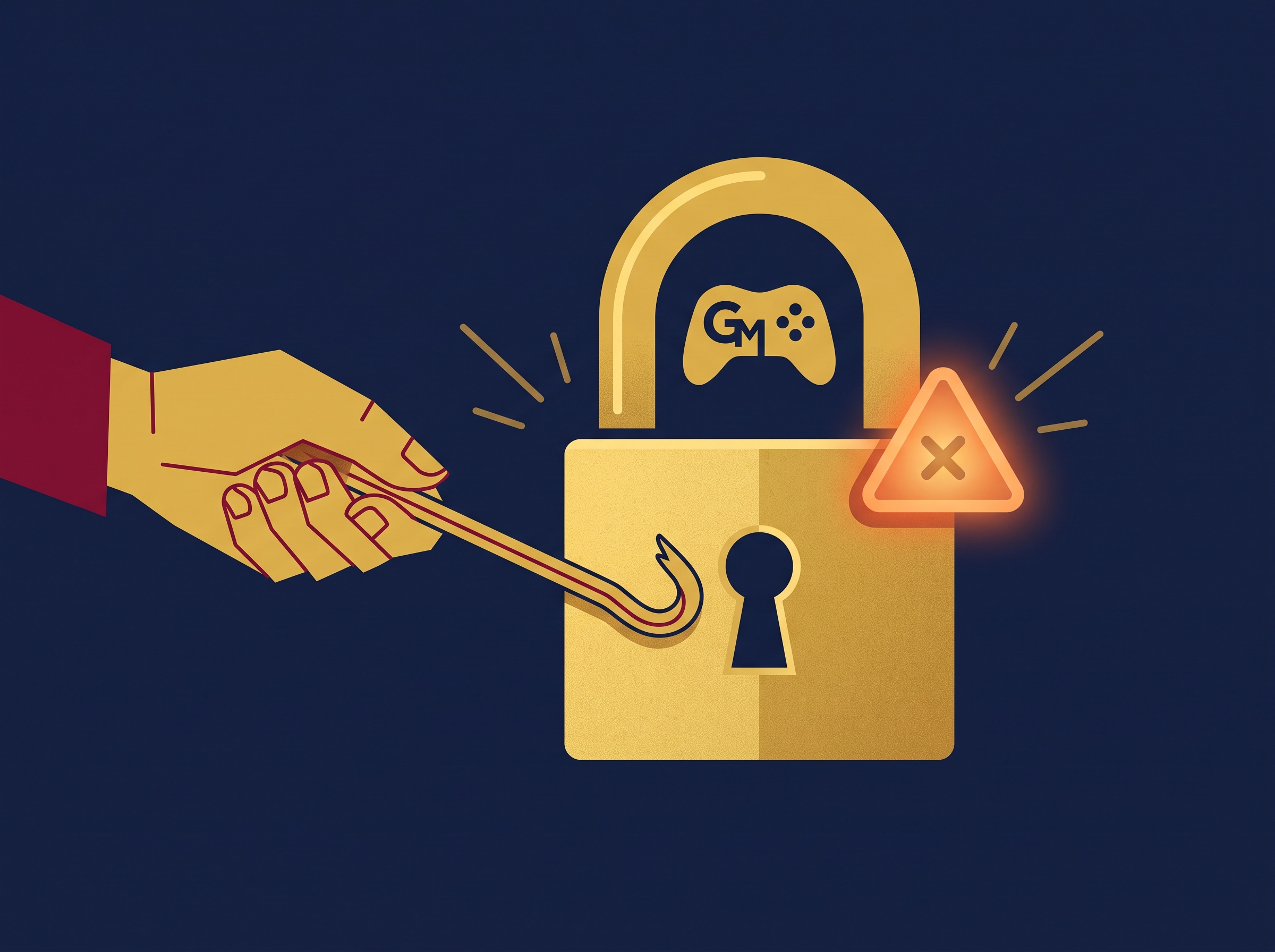 A gold padlock with a warning icon and a prying tool stopped short beside it, on navy, symbolizing the risk of breaking DRM or copy protection to mod a game