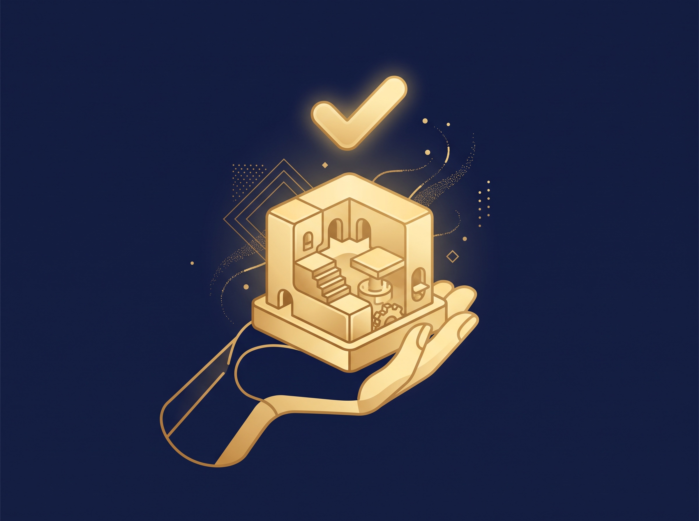 A gold hand lifting a fully original standalone game asset with a checkmark above, on navy, symbolizing modders creating original content they own