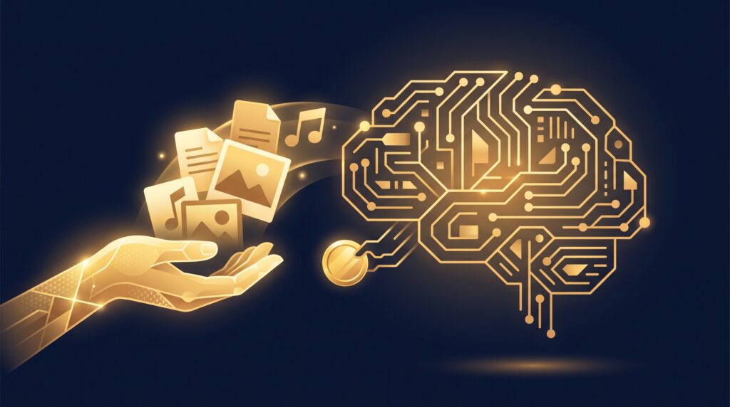 A gold hand offering documents, photos, and music notes to an abstract circuit-brain that returns a gold coin, on navy, symbolizing a creator being paid to license work to AI