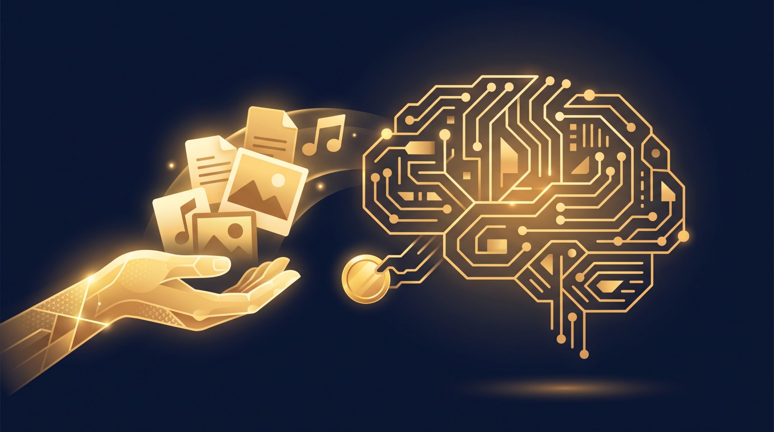 A gold hand offering documents, photos, and music notes to an abstract circuit-brain that returns a gold coin, on navy, symbolizing a creator being paid to license work to AI