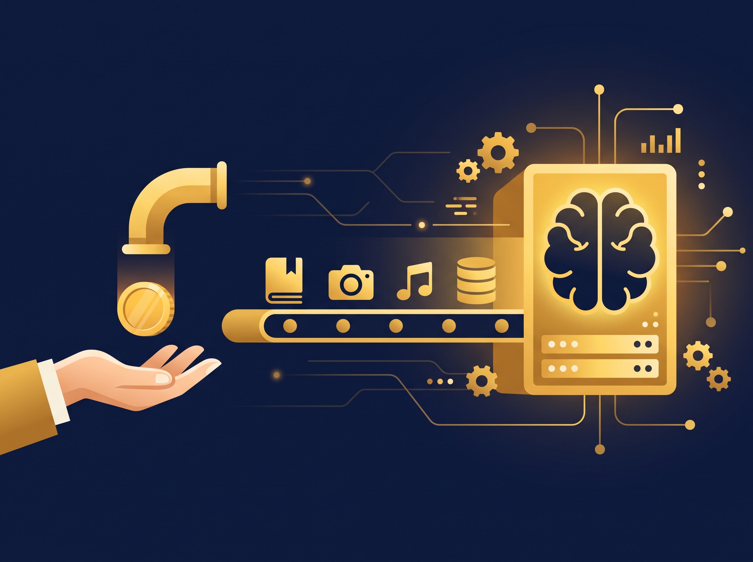 A gold conveyor carrying a book, camera, music note, and data cylinder toward a server-brain while a coin drops into a hand at the start, on navy, symbolizing paid AI data licensing