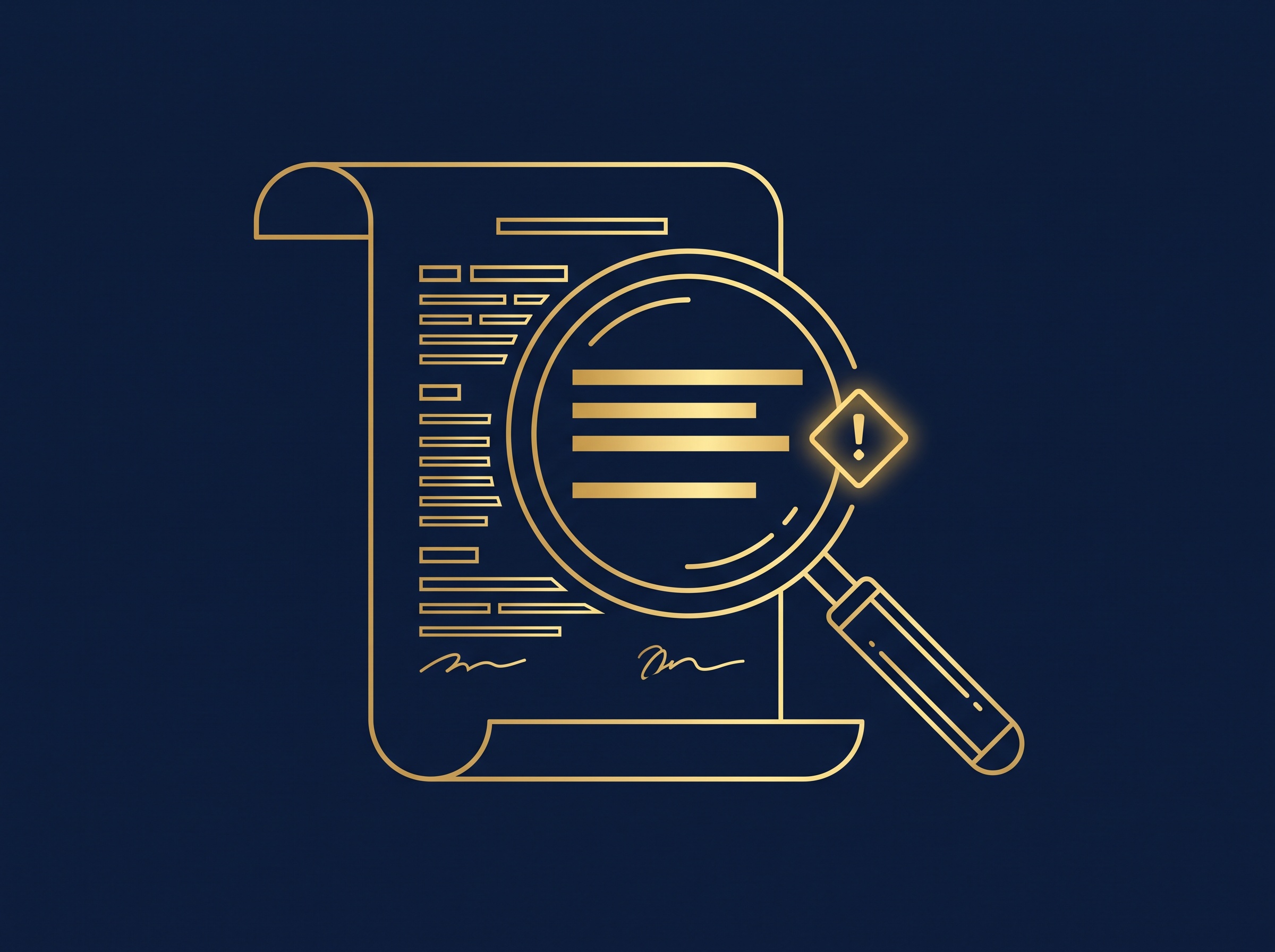 A gold magnifying glass over a contract scroll highlighting clauses and a warning symbol, on navy, symbolizing reviewing the fine print of an AI licensing deal