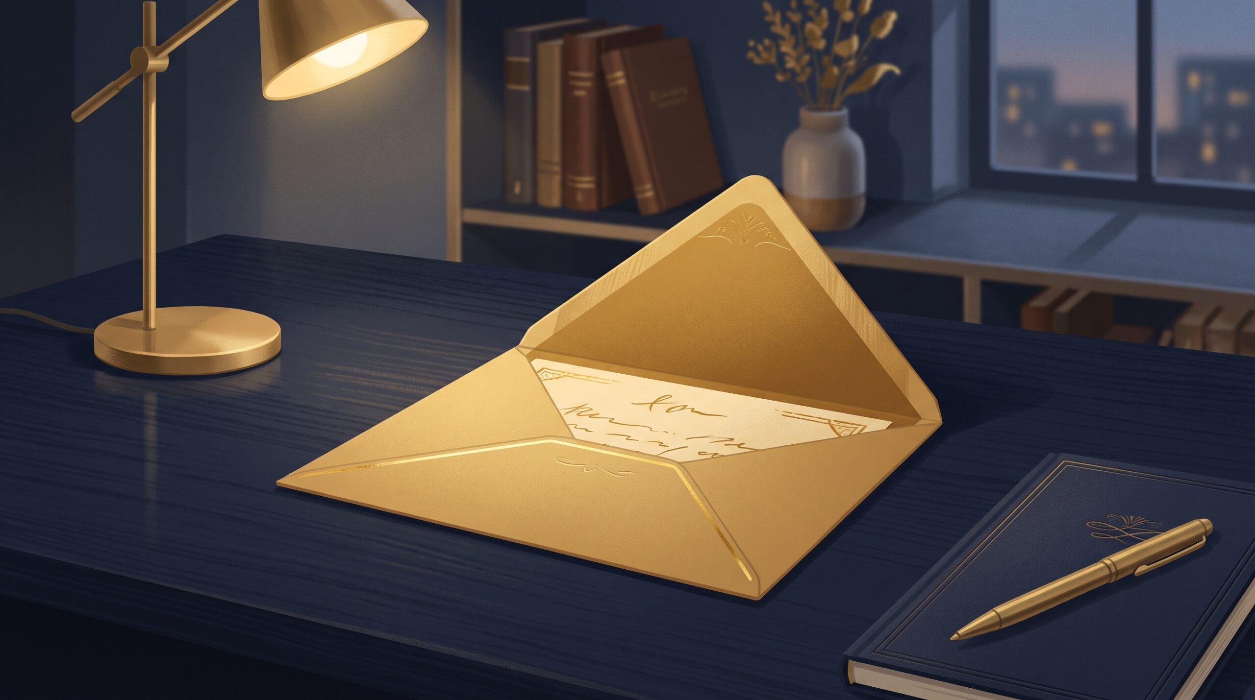 An open gold envelope under a calm lamp glow on a deep navy desk, symbolizing calmly reading a cease-and-desist letter