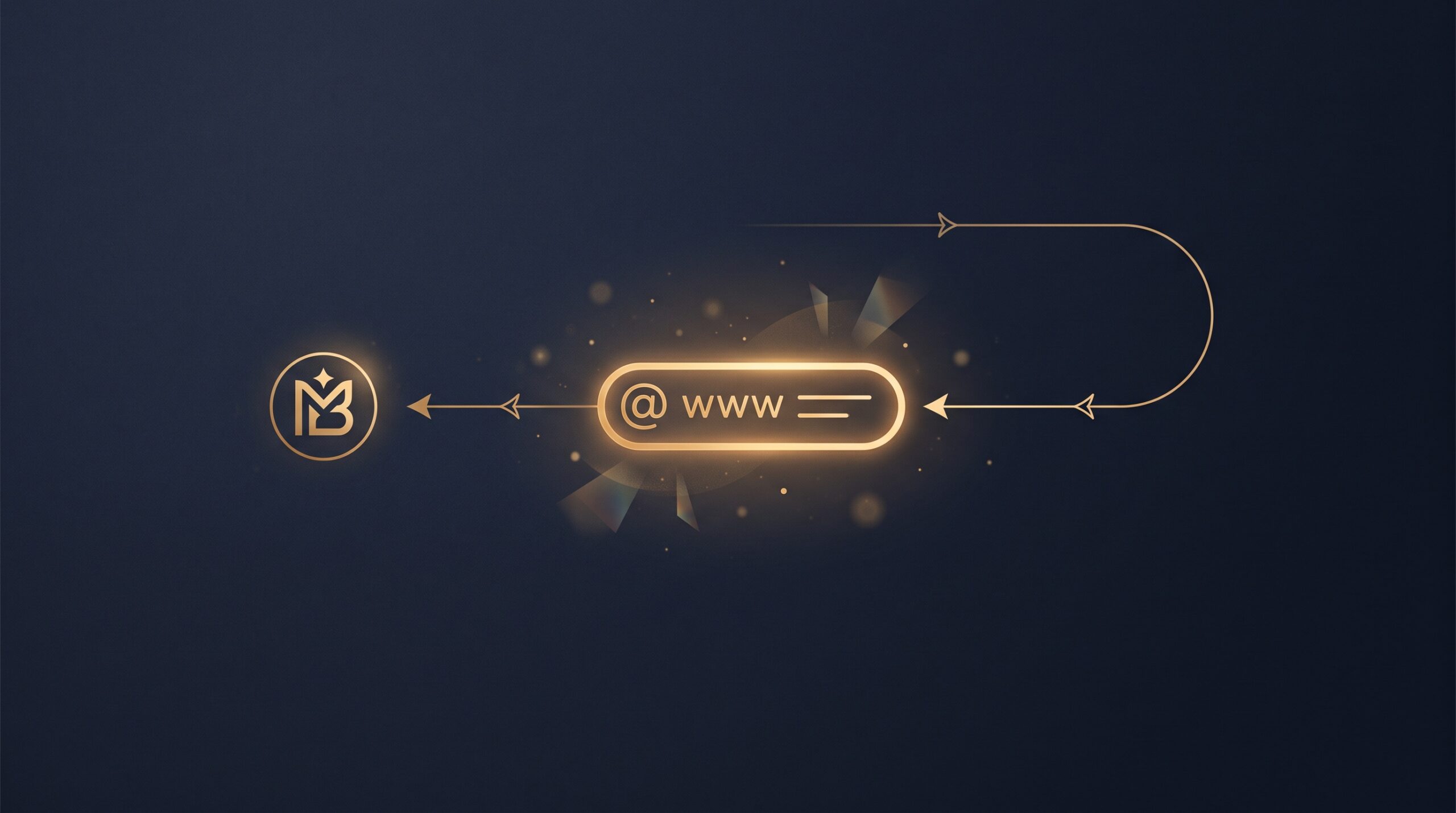 A gold domain address bar being pulled back along an arrow toward a brand emblem, on navy, symbolizing recovering a domain for its rightful owner