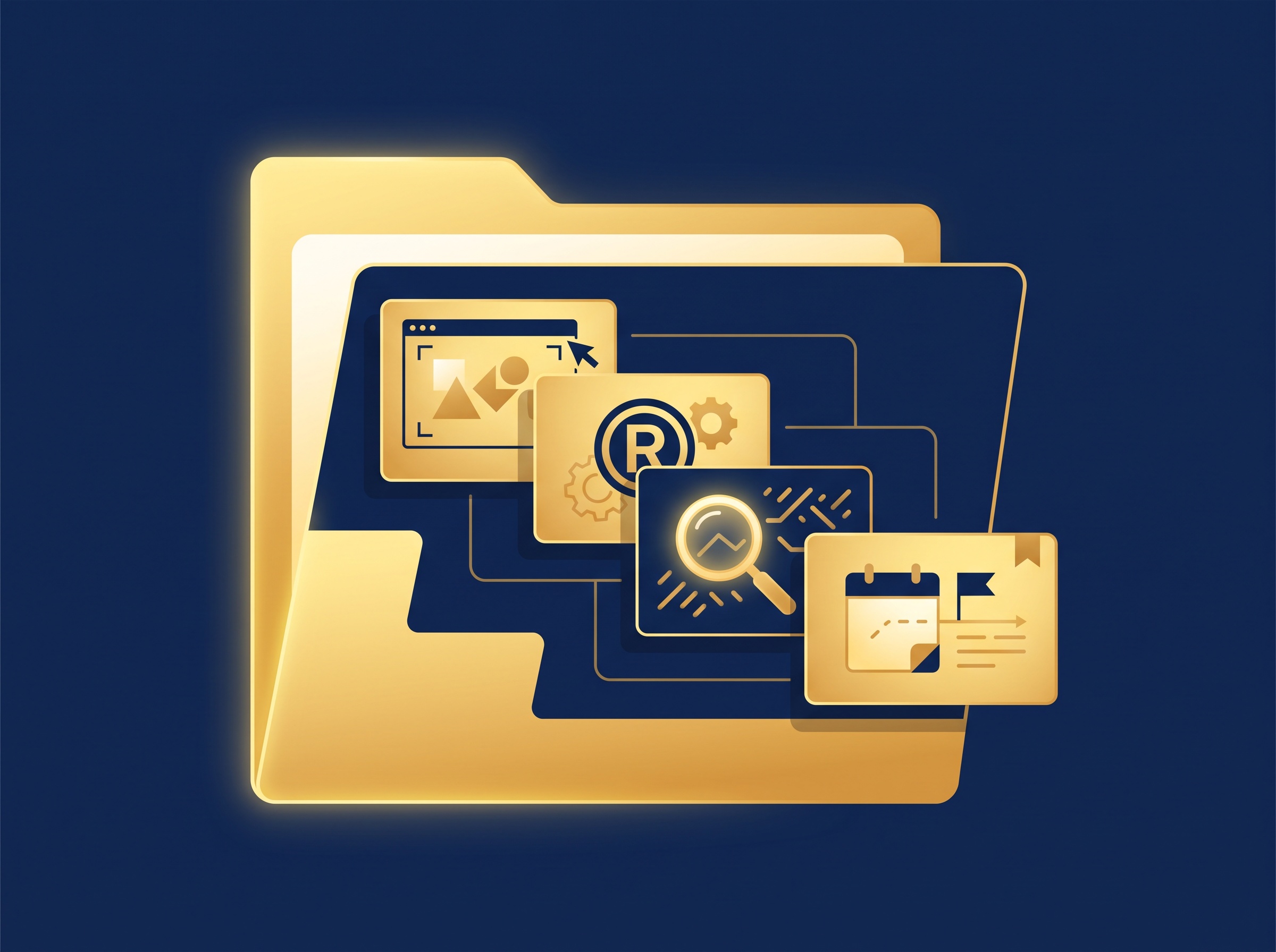 A gold folder opening to reveal evidence cards including a screenshot, brand emblem, magnifier and calendar, on navy, symbolizing assembling an evidence file