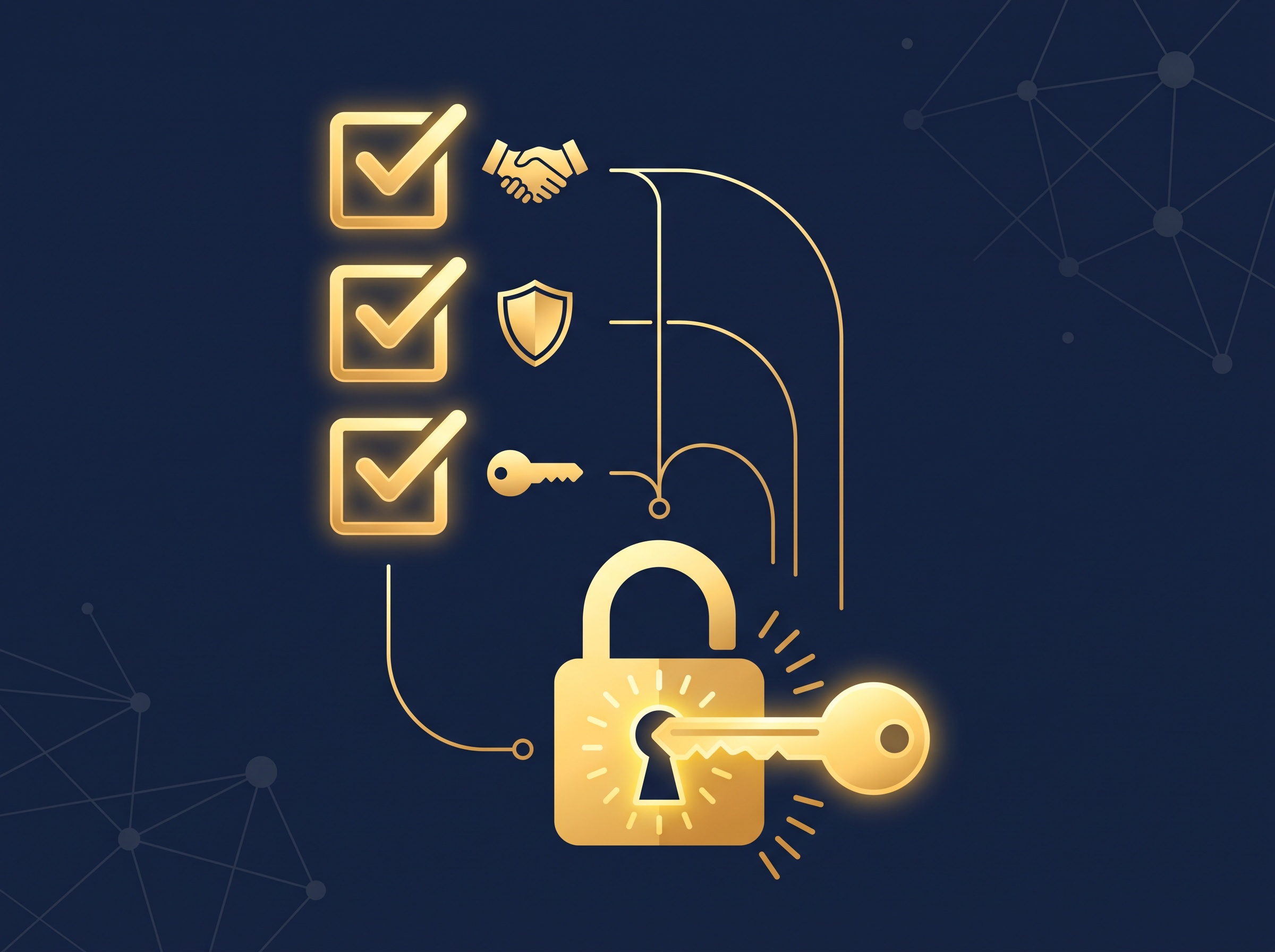 Three ticked gold checkboxes aligning to turn a key in a lock, on navy, symbolizing proving all three UDRP elements to win a transfer