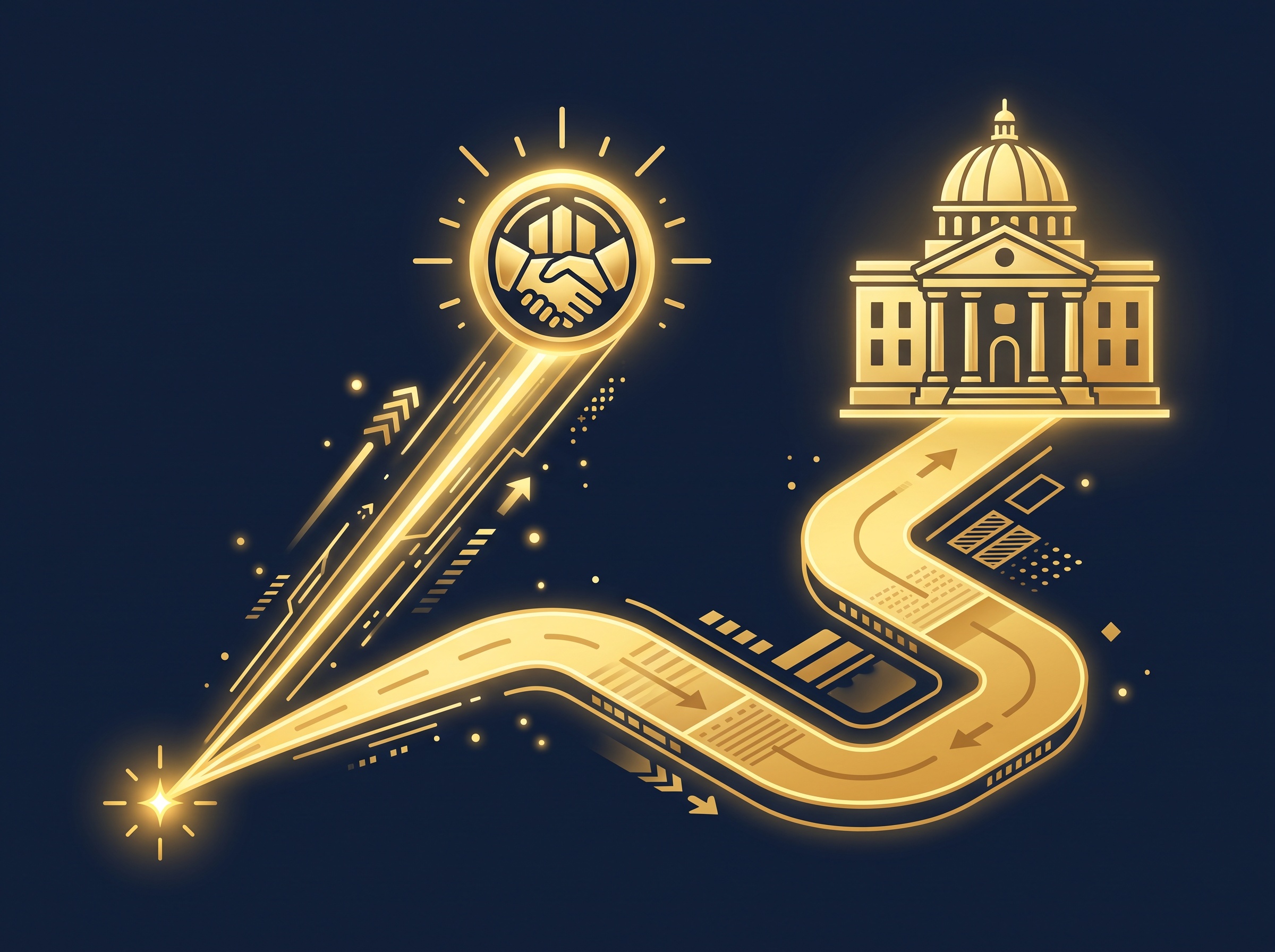 Two gold paths diverging, one fast track to an arbitration medallion and one slow track to an institutional building, on navy, symbolizing choosing between UDRP and court