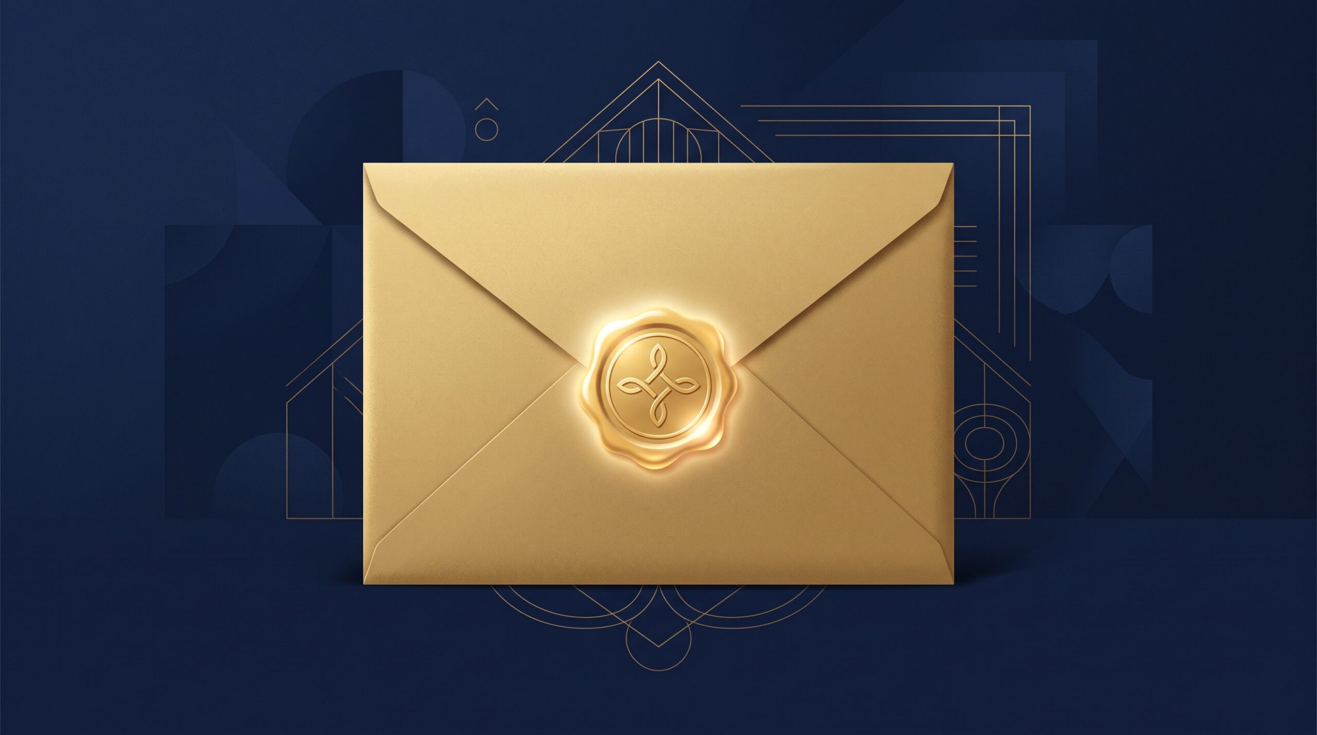 A gold envelope with a glowing wax seal on a deep navy background, symbolizing a formal cease-and-desist letter