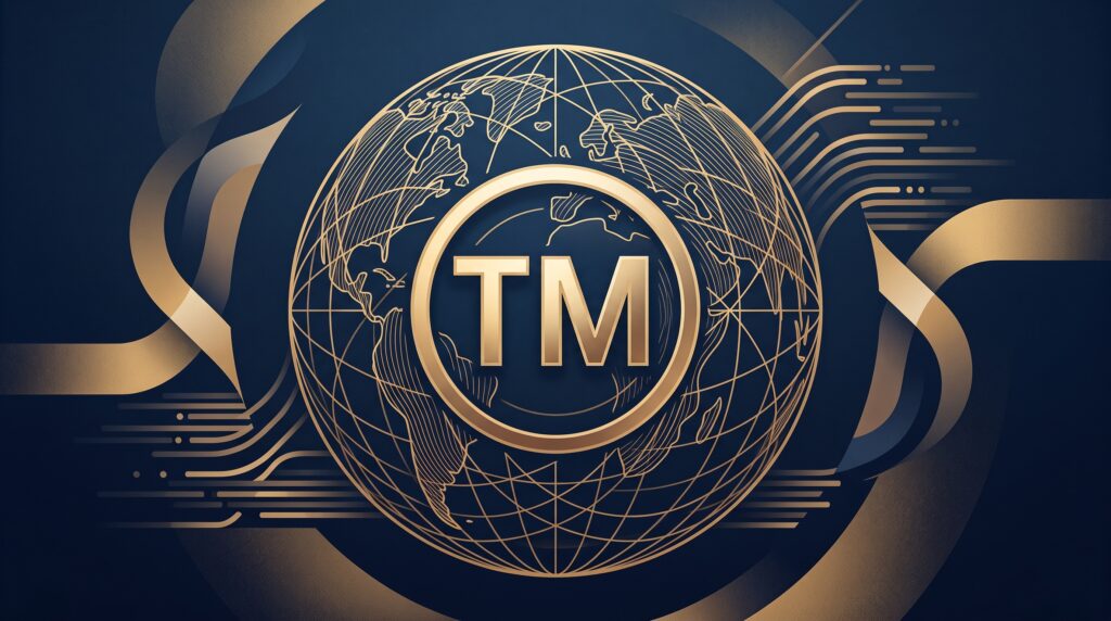 A gold trademark symbol at the center of a stylized wireframe globe, on a deep navy background