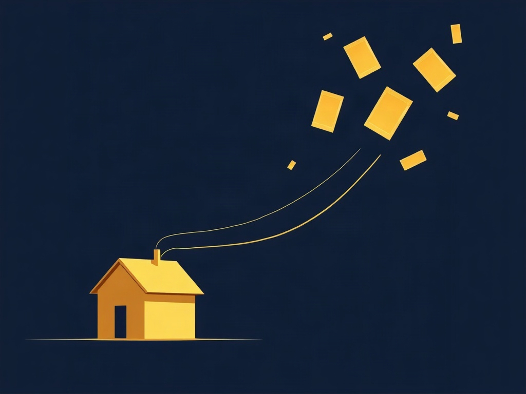 A gold home base tethered by a thin fraying thread to several floating cards, on a navy background