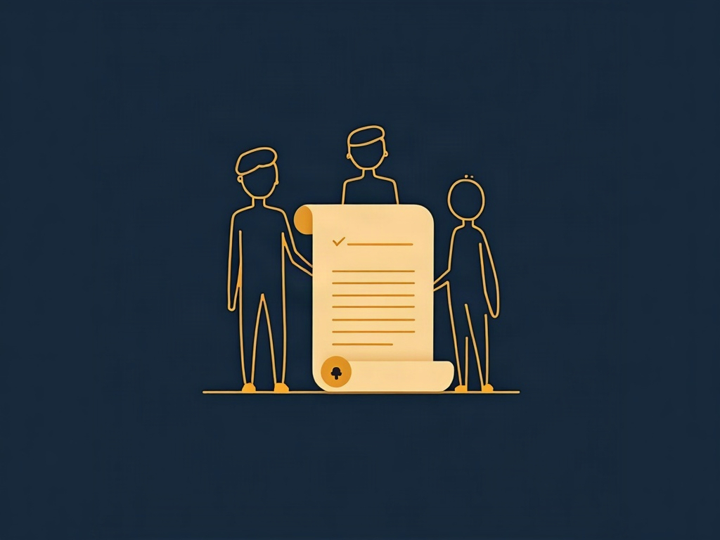 A gold will document with a key branching out to a family of gold figures on navy, symbolizing a creator passing IP to heirs through a will or trust