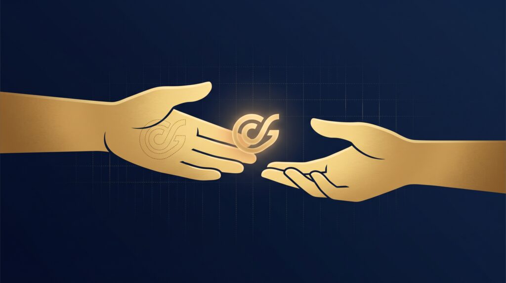 A gold hand passing a logo shape to another hand while a faint outline stays behind, symbolizing that paying a freelancer does not automatically transfer copyright ownership
