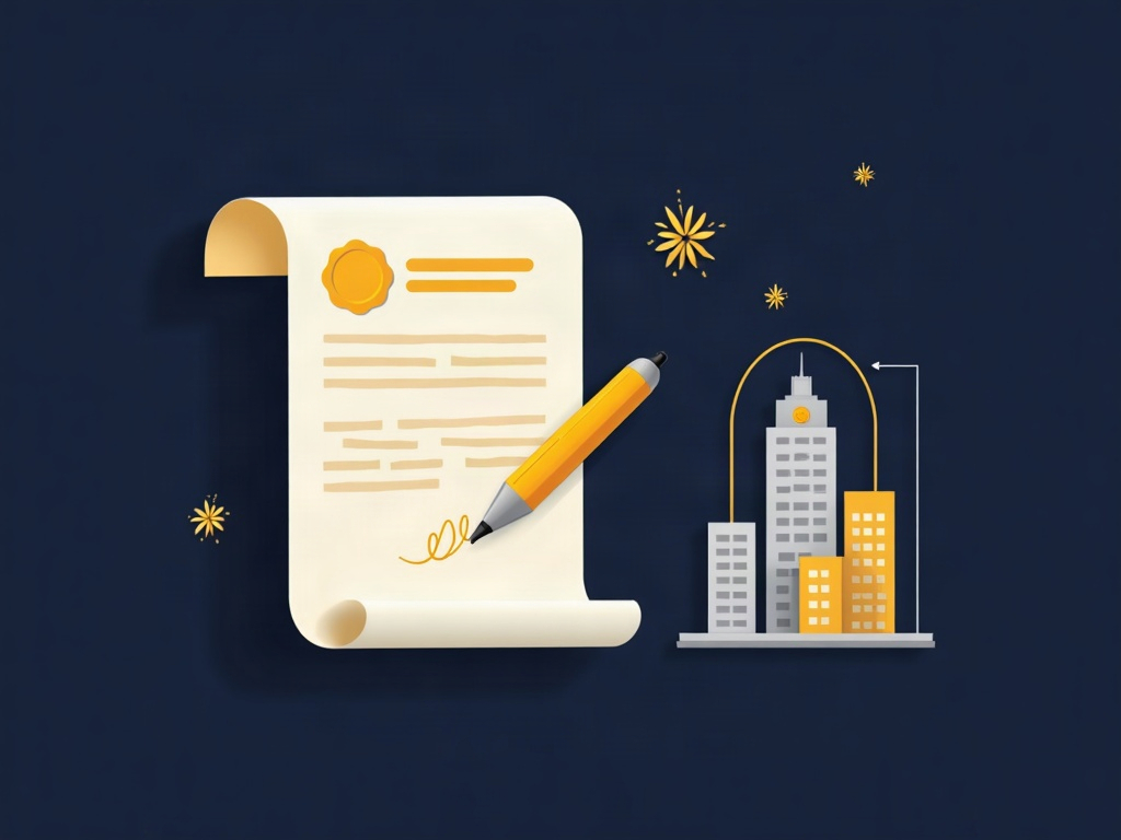 A gold signed document with an arrow moving a creative icon from a person to a business on navy, symbolizing a written assignment transferring IP rights