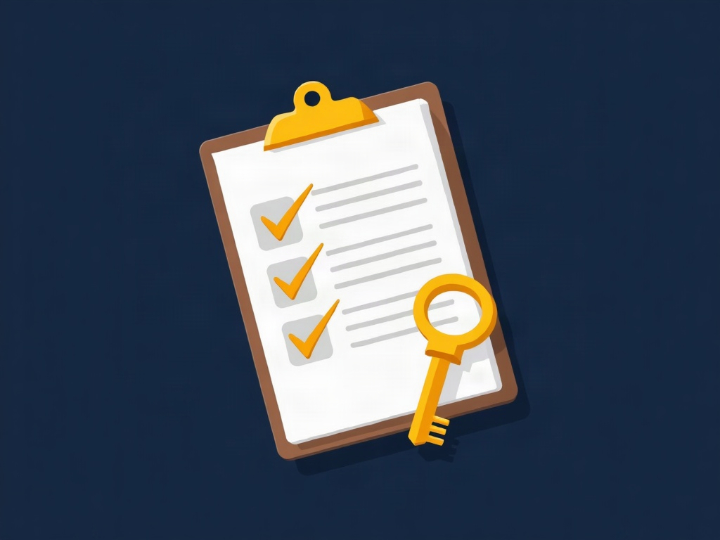 A gold checklist clipboard with check marks and a key on navy, symbolizing the steps to secure ownership of work you commissioned