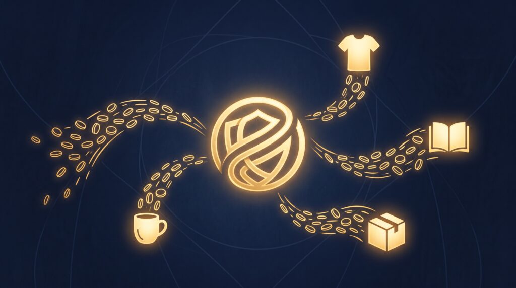 A central gold brand emblem streaming gold coins outward to several product silhouettes on navy, symbolizing a brand earning royalties across many products