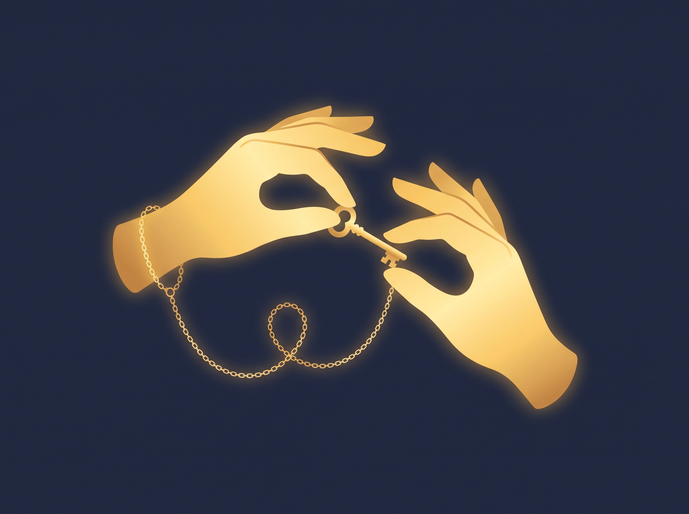 One gold hand lending a key that stays tethered to it by a chain to another hand, on navy, symbolizing licensing a brand without giving up ownership