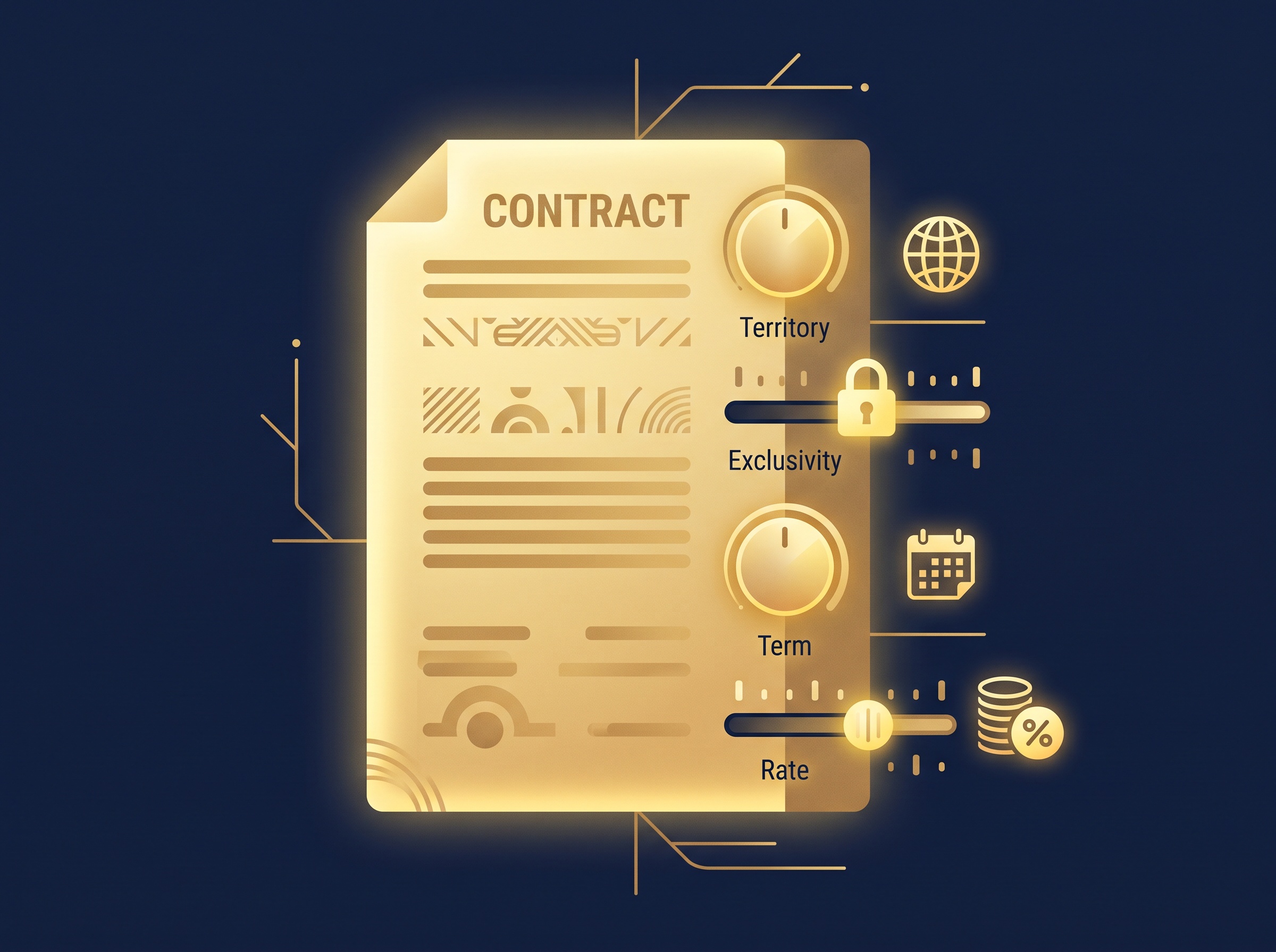 A gold contract with dials for a globe, a lock, a calendar and a coin stack, on navy, symbolizing the adjustable terms of a licensing deal