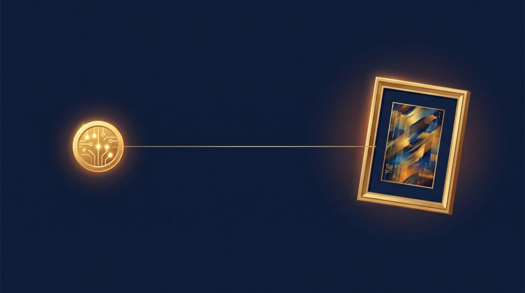 A gold token linked by a thin thread to a separate framed artwork floating apart from it, on navy, symbolizing an NFT pointing to art it does not contain