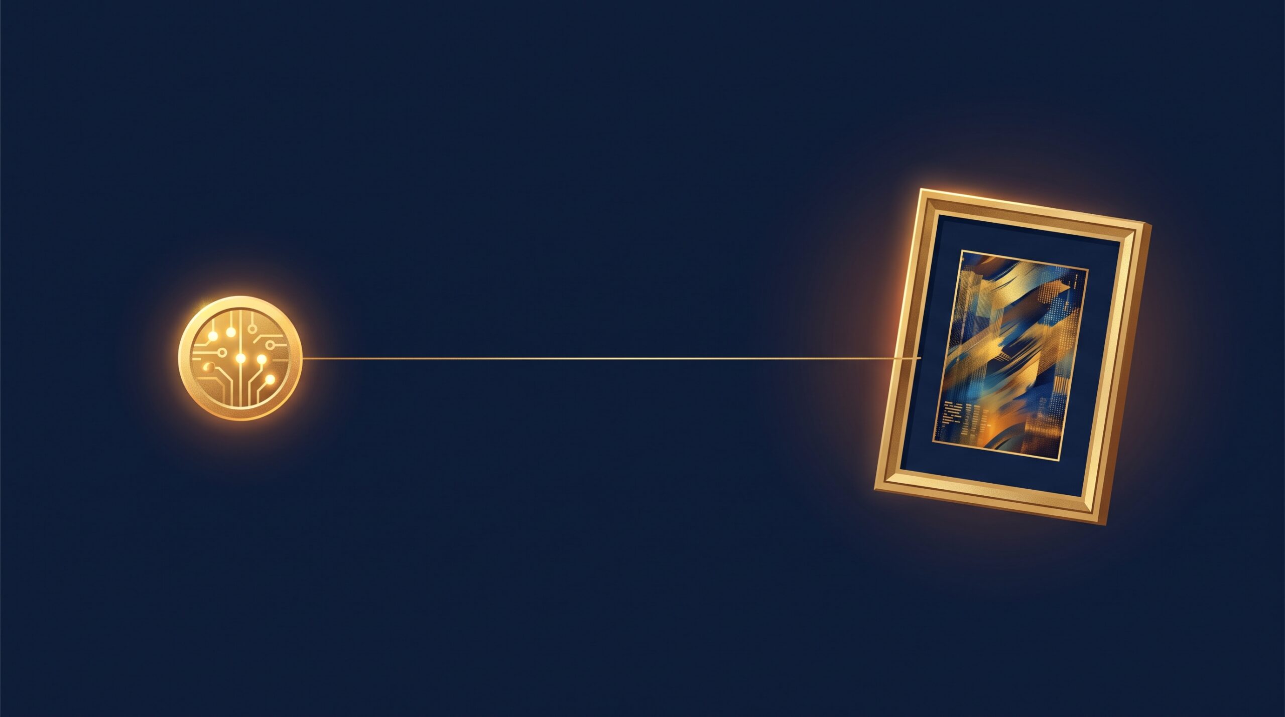 A gold token linked by a thin thread to a separate framed artwork floating apart from it, on navy, symbolizing an NFT pointing to art it does not contain