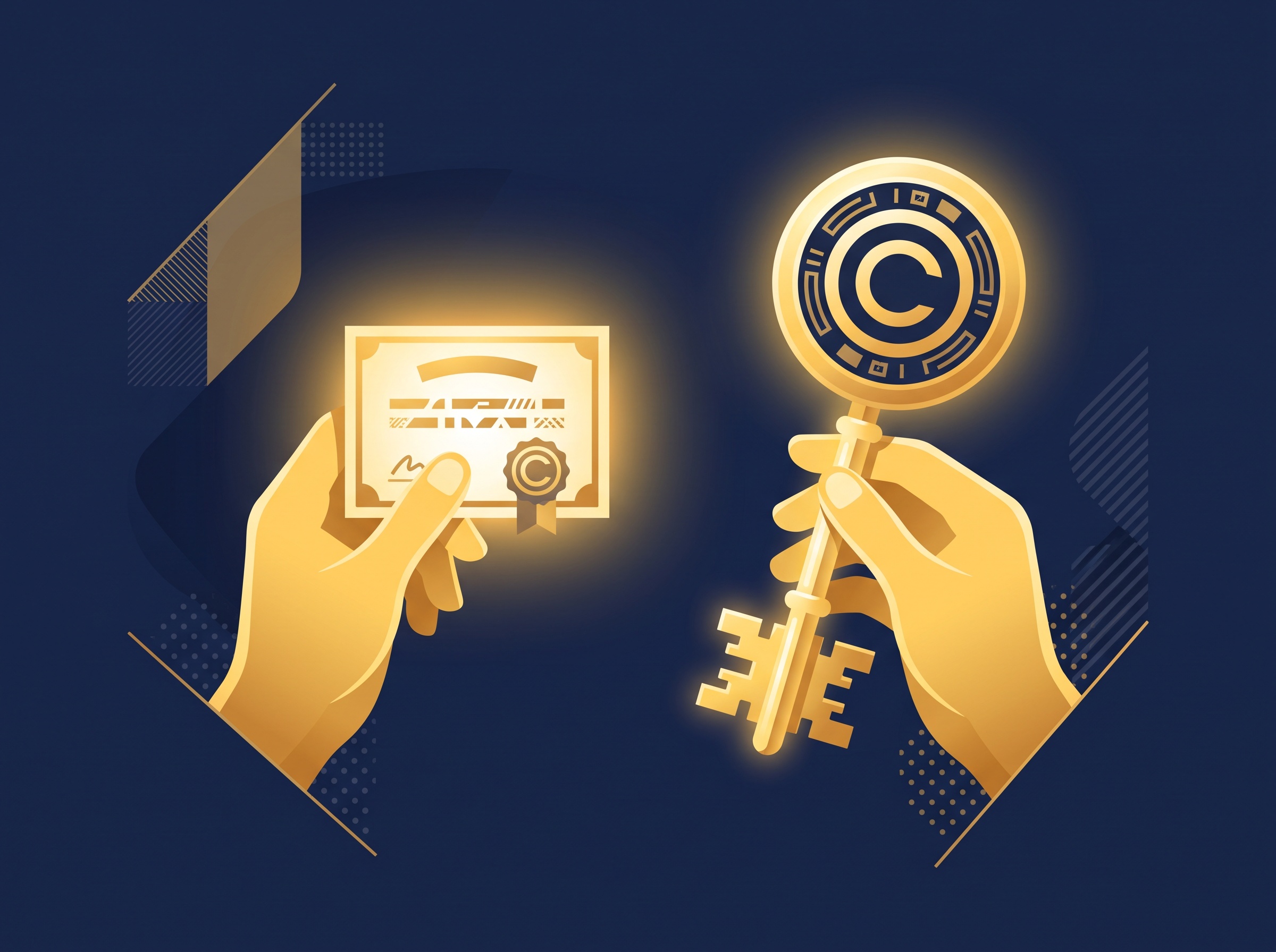 One gold hand holds a small certificate while another keeps a larger master key, on navy, symbolizing a buyer owning the object while the creator keeps copyright