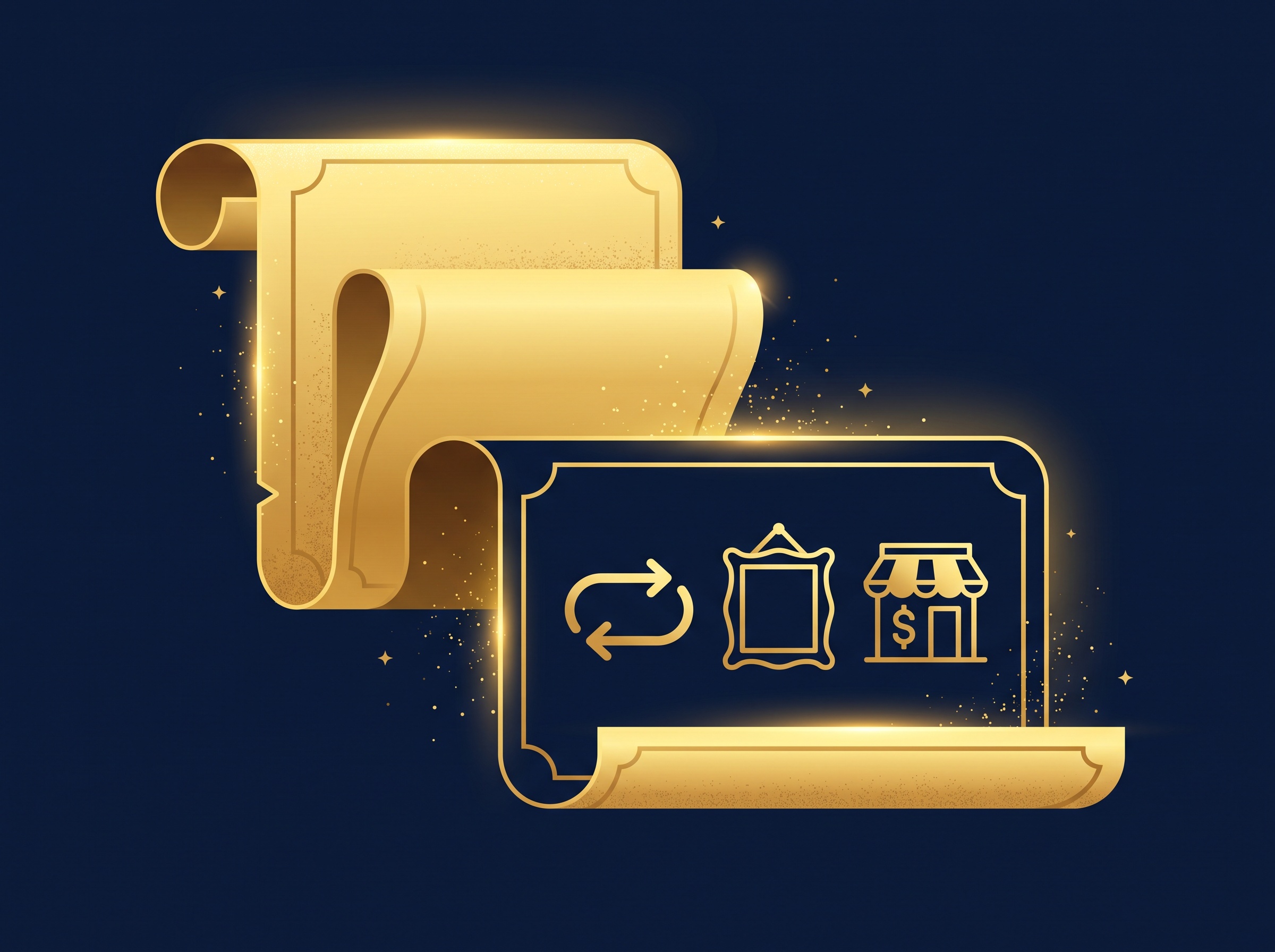 A gold license scroll unrolling to show permission icons for display, reproduction, and commercial use, on navy, symbolizing NFT rights being defined by license terms