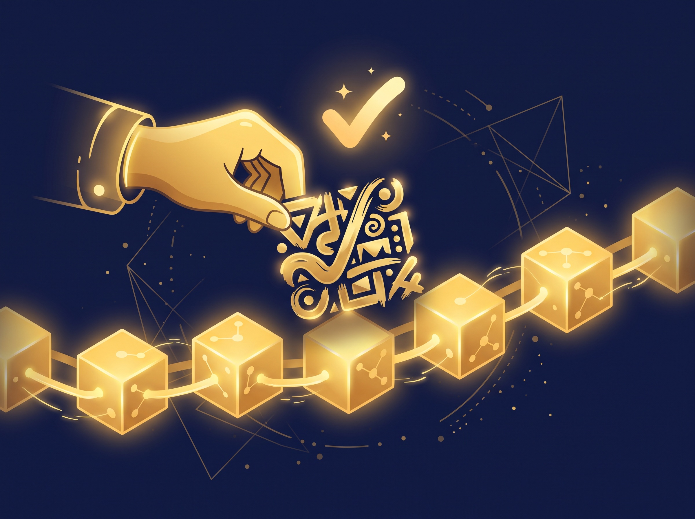 A gold hand placing an original artwork onto a chain of linked blocks with a checkmark above, on navy, symbolizing a creator minting their own original work