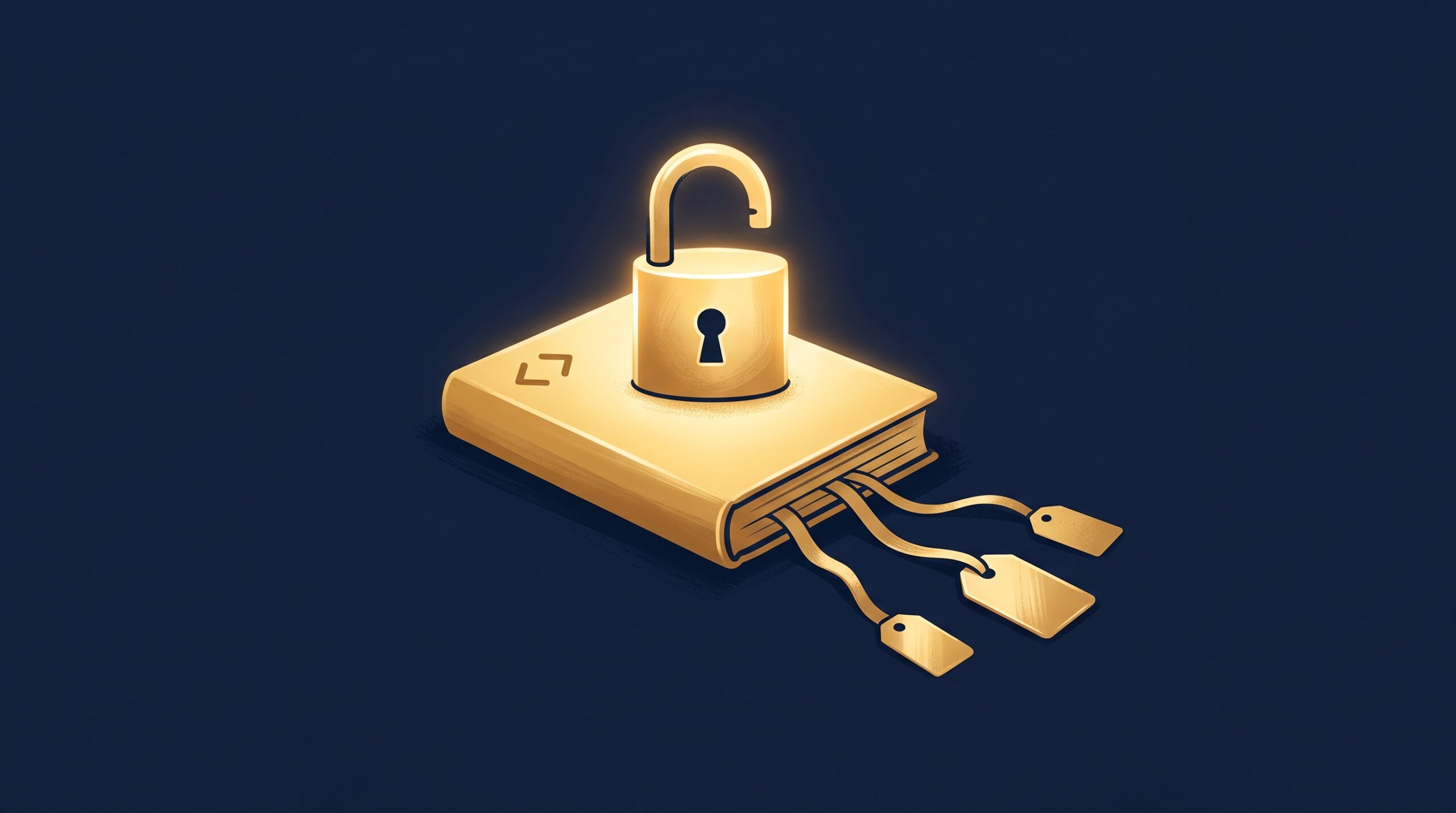 A gold open padlock on a code document with three ribbons branching to three license tags, on navy, symbolizing source code offered under a choice of open-source licenses