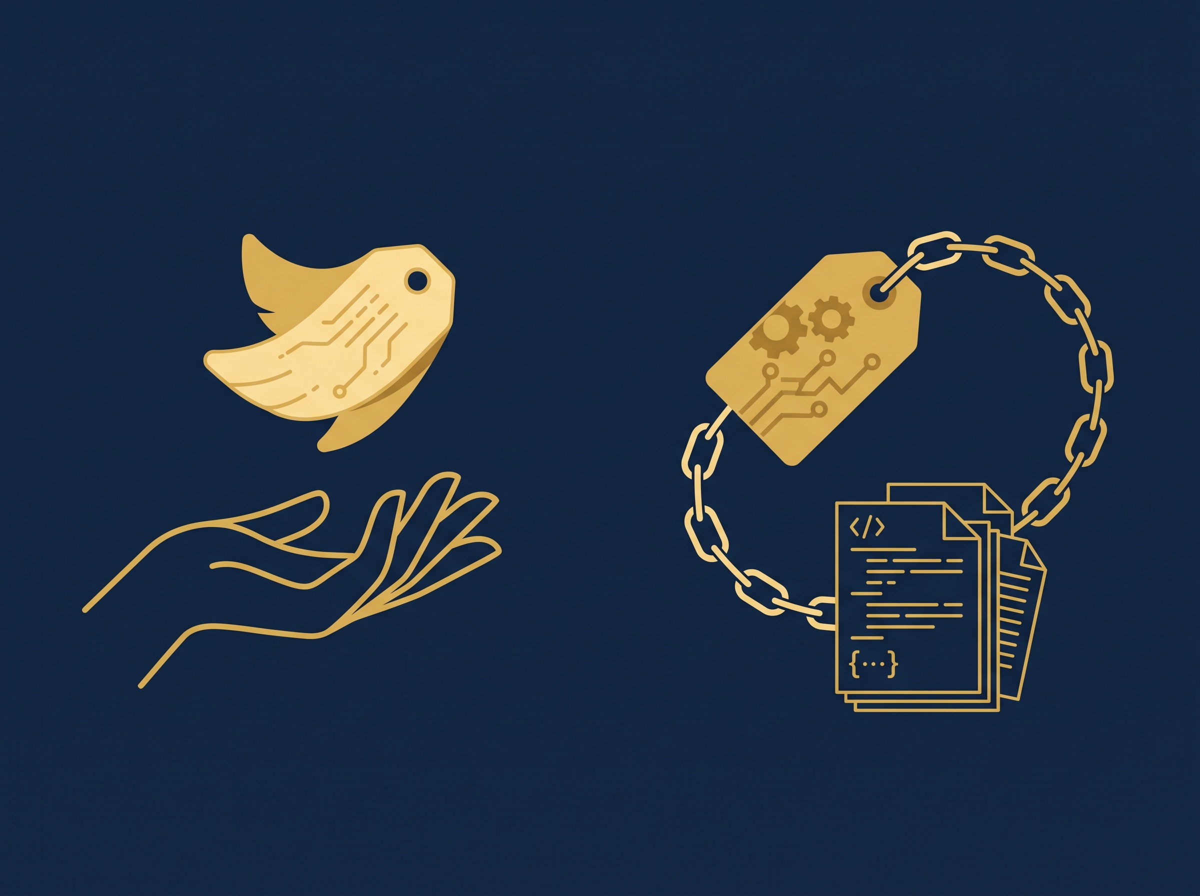 A light floating gold tag on the left versus a heavier gold tag chained back to a stack of code on the right, on navy, symbolizing permissive versus copyleft open-source licenses