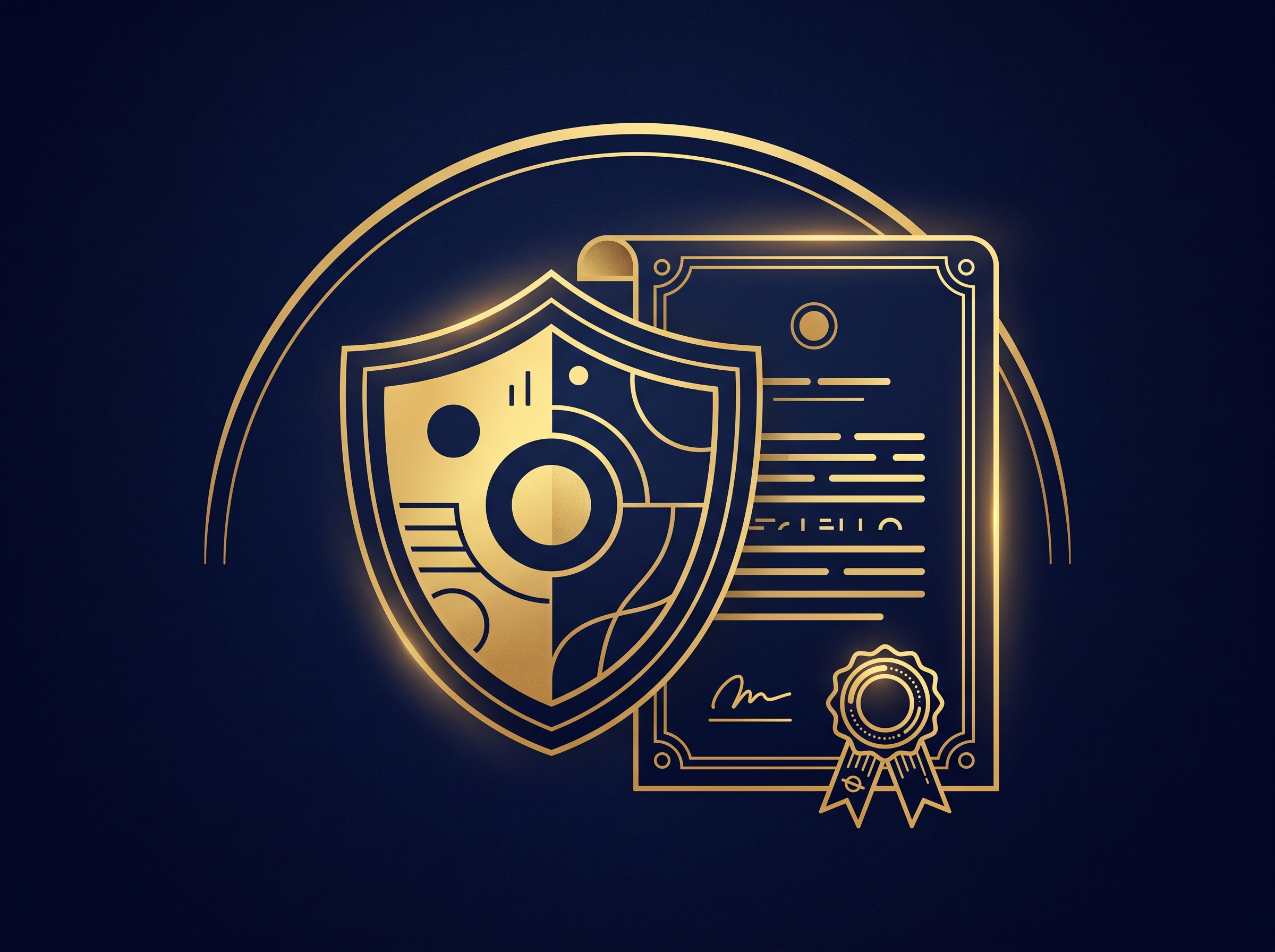 A gold shield overlapping a document with a patent-style ribbon seal and a protective arc over it, on navy, symbolizing a license that grants both copyright and patent permission