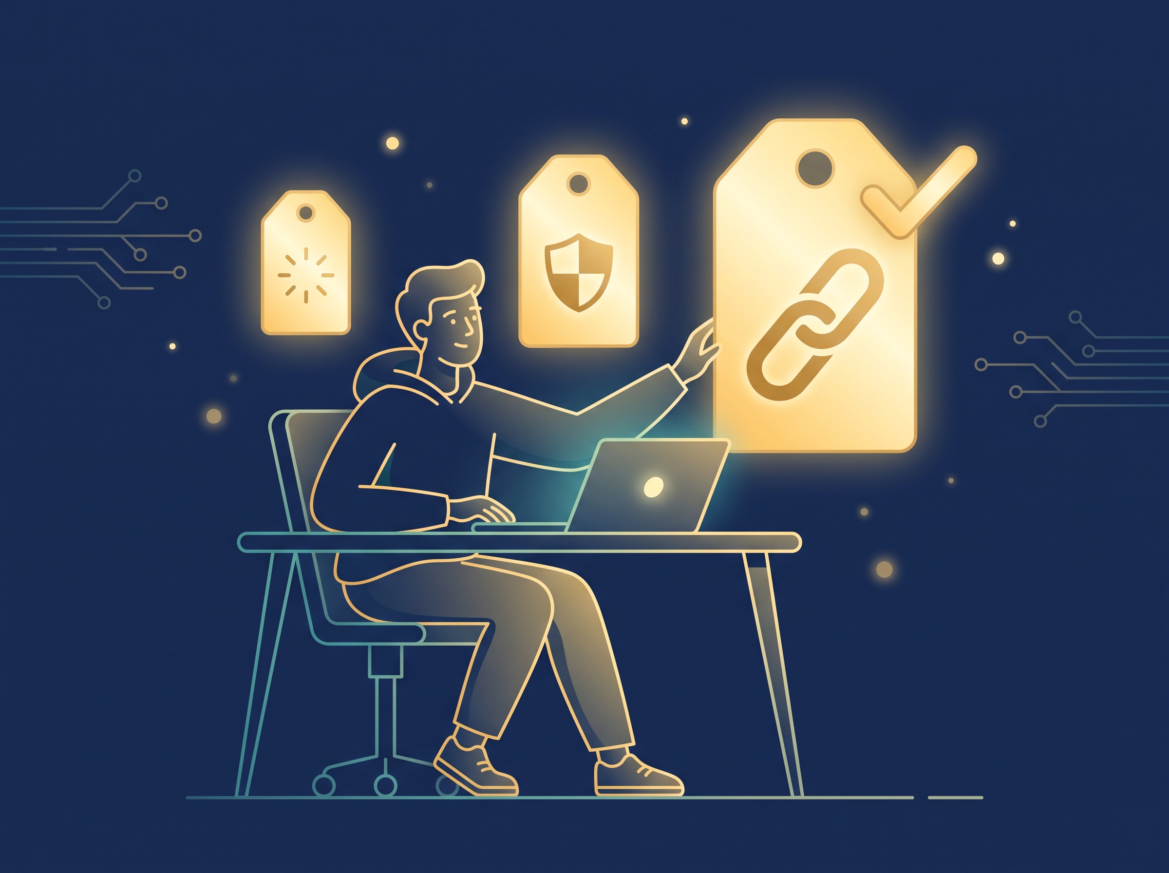 A gold solo developer at a desk reaching for one of three floating license tags with a checkmark above it, on navy, symbolizing an indie developer choosing the right open-source license