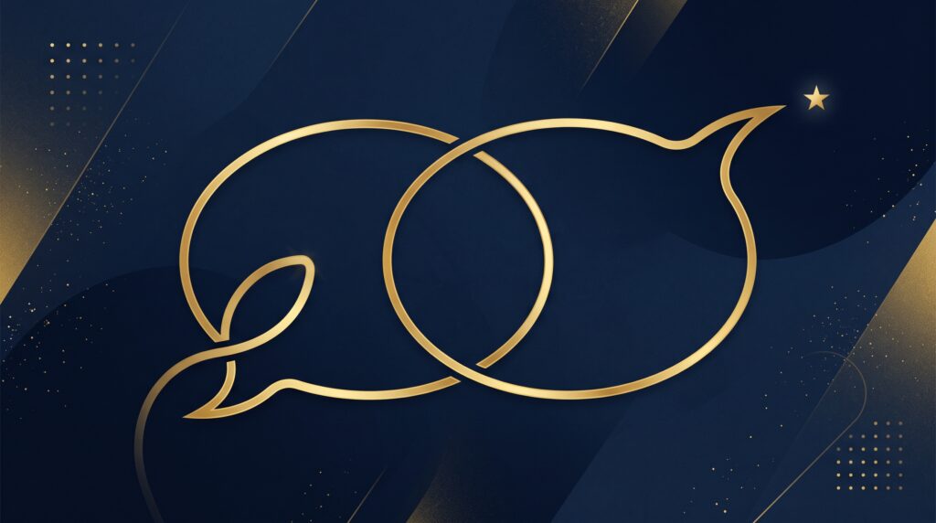 Two gold speech bubbles on navy, one looping back on itself and one pointing outward, symbolizing parody aimed at a work versus satire aimed elsewhere