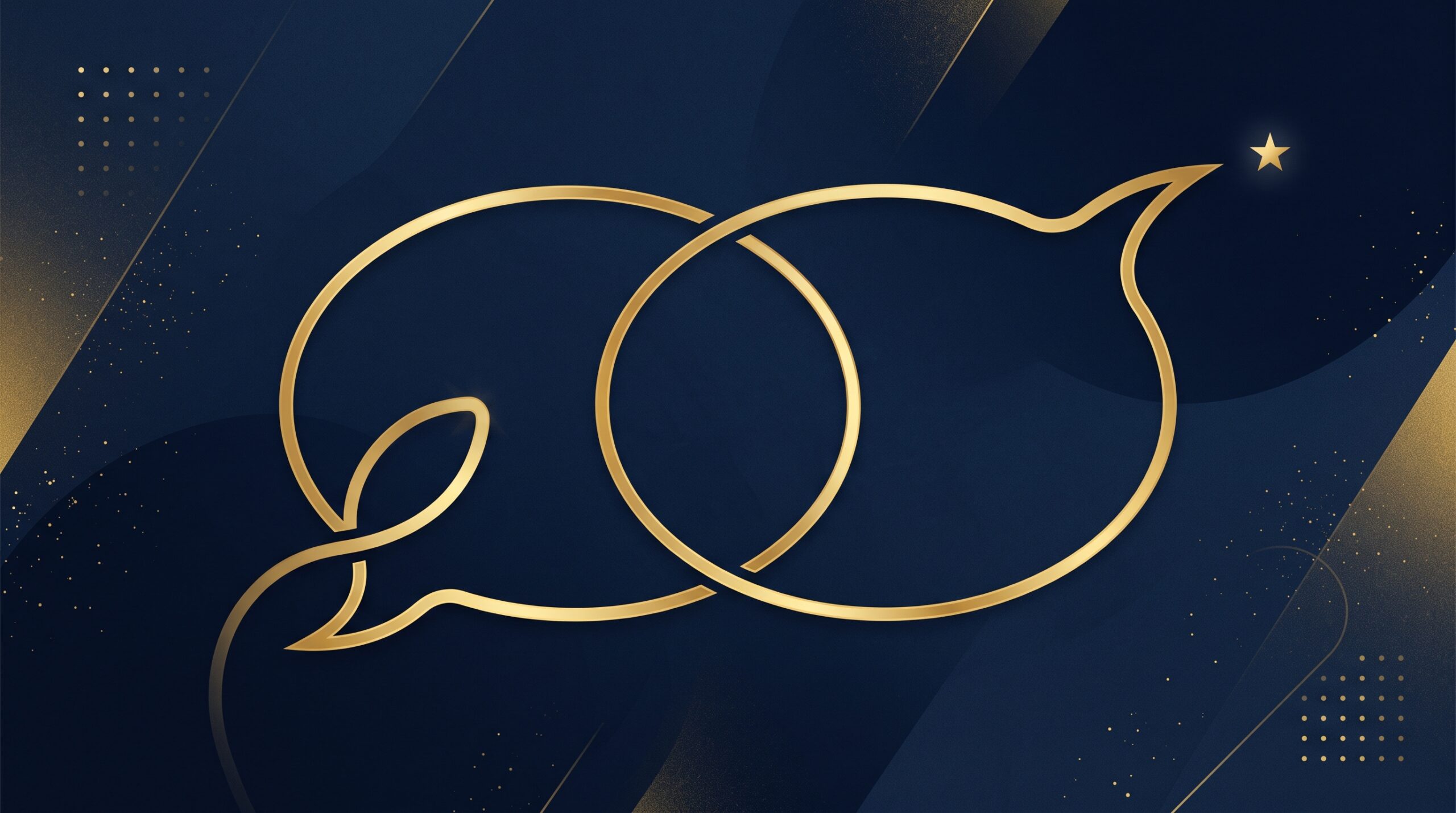 Two gold speech bubbles on navy, one looping back on itself and one pointing outward, symbolizing parody aimed at a work versus satire aimed elsewhere